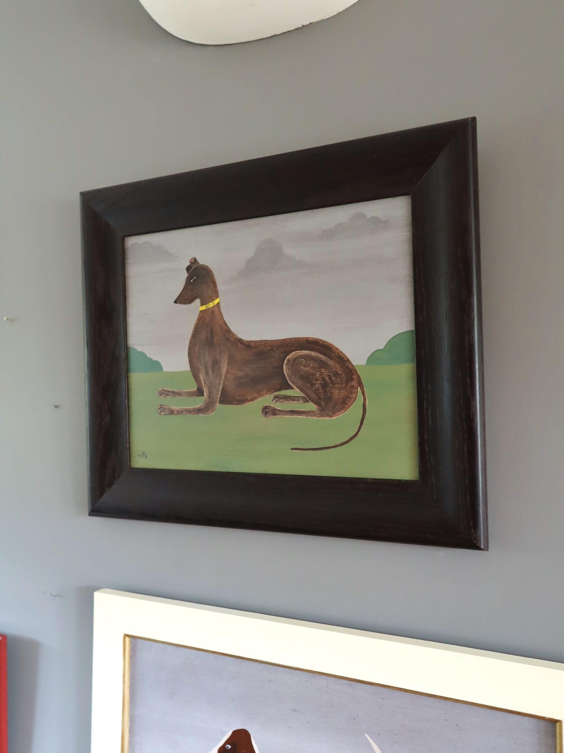 Lévrier à collier jaune
Taille : 34 x 39,5 cm (cadre compris)
Huile sur carton

Une composition canine brillamment exécutée et très attachante d'un lévrier, peinte dans un style naïf à l'huile sur panneau par l'artiste britannique Matt Rix.

Le