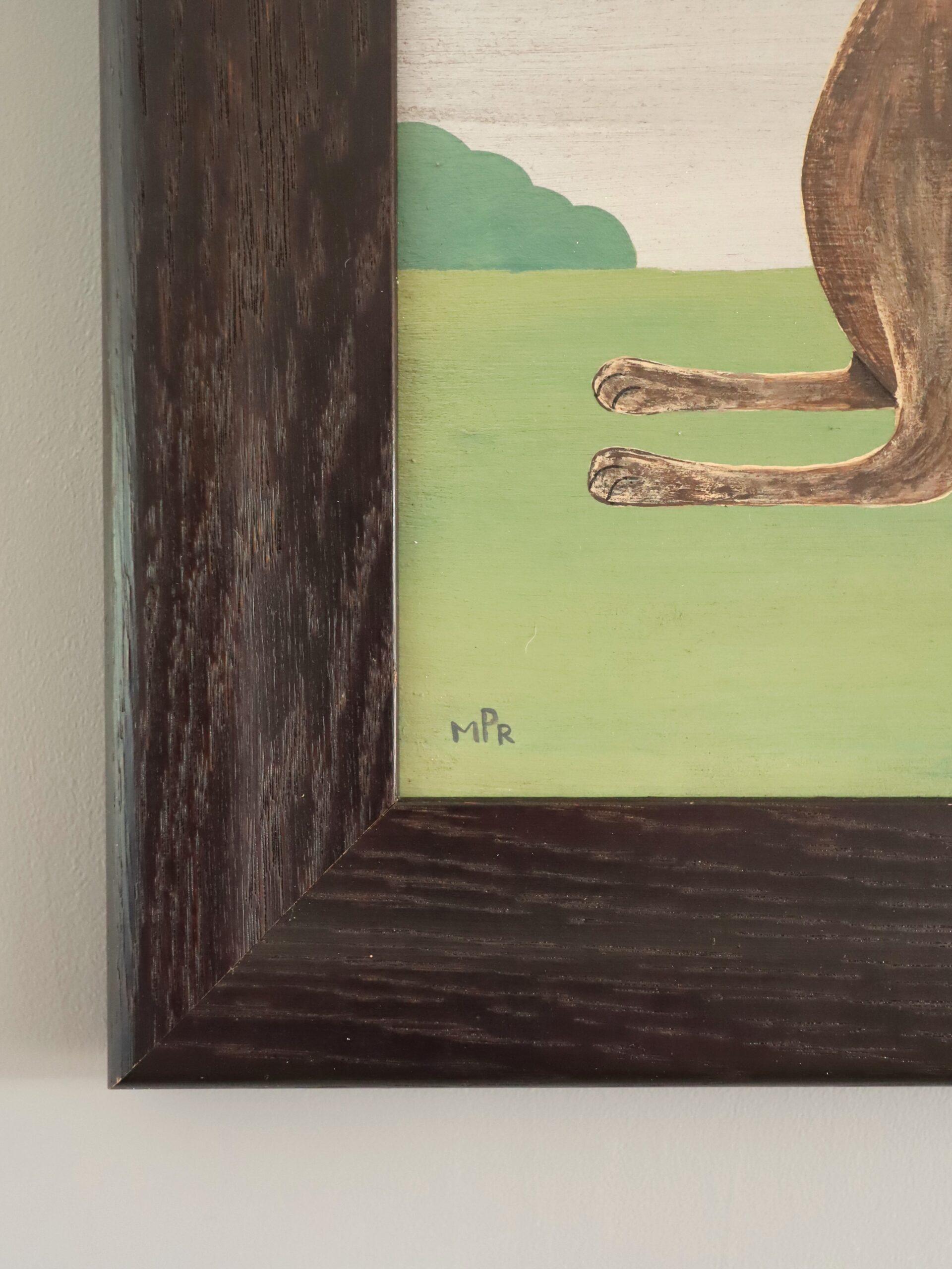 Peinture à l'huile contemporaine de style naïf sur les animaux - Lévrier à collier jaune en vente 1