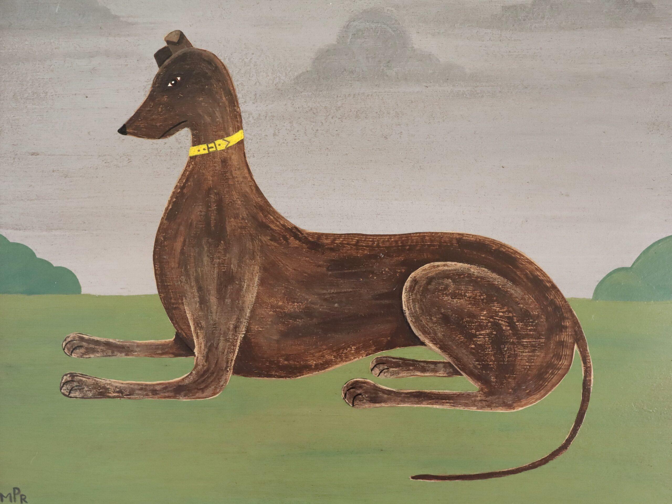 Peinture à l'huile contemporaine de style naïf sur les animaux - Lévrier à collier jaune en vente 3