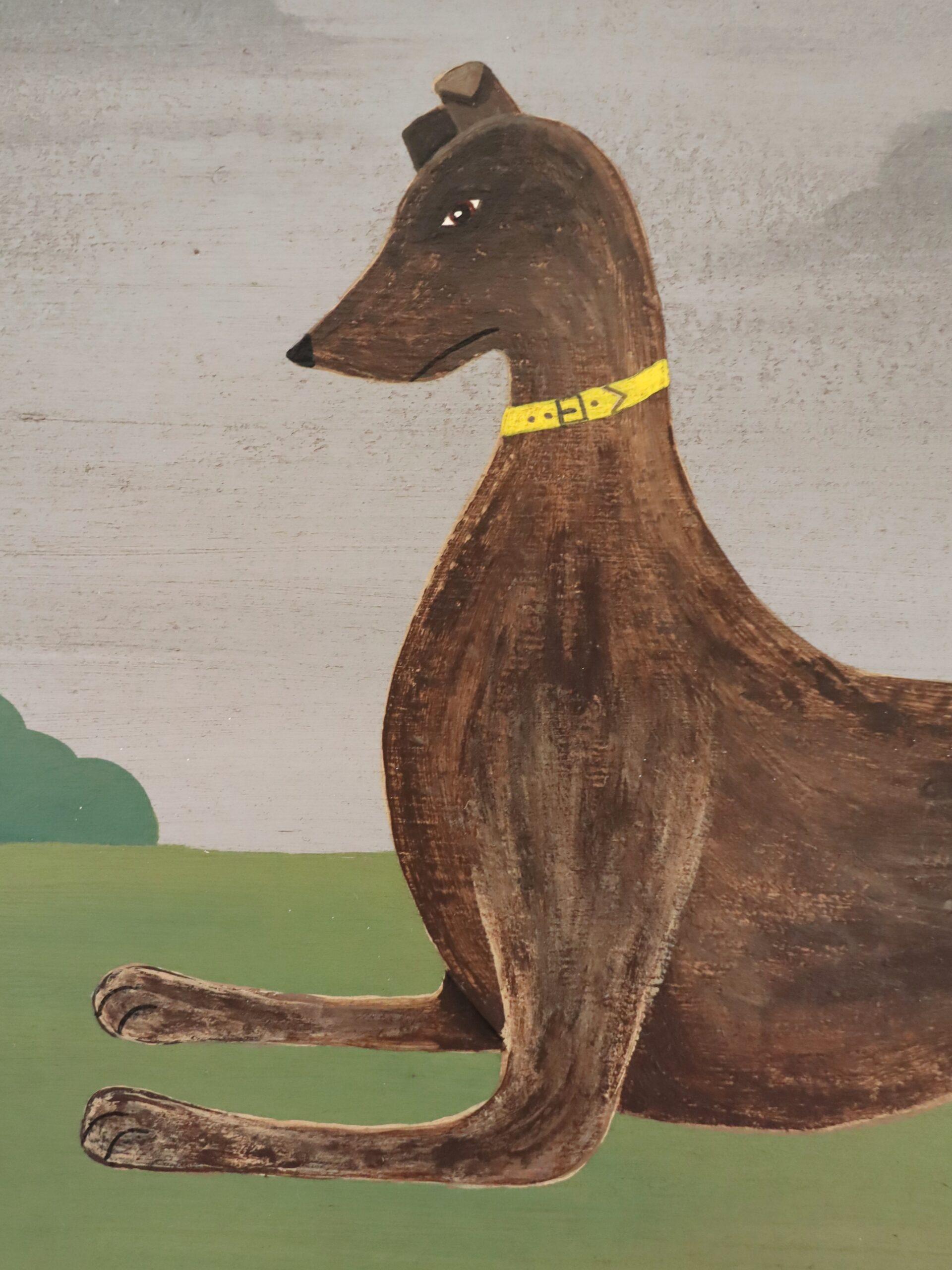 Peinture à l'huile contemporaine de style naïf sur les animaux - Lévrier à collier jaune en vente 4