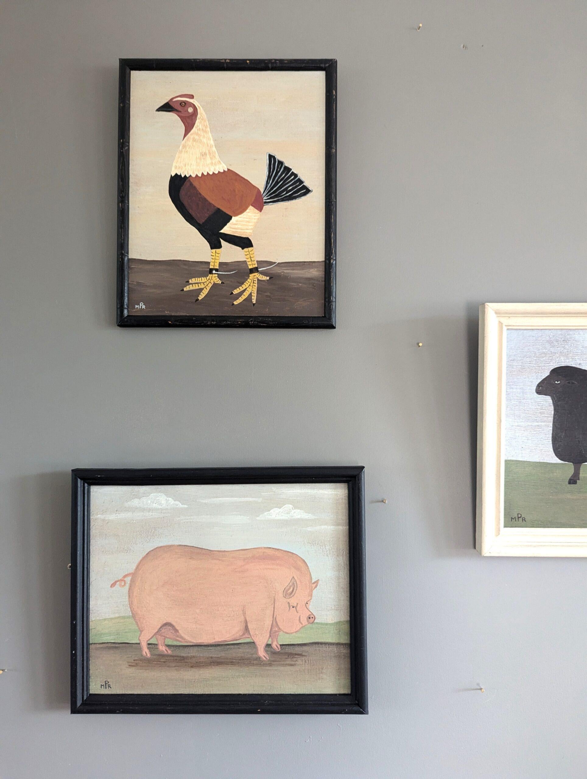 Peinture à l'huile contemporaine de style naïf sur les animaux - gibier à plumes anglais en noir - Beige Animal Painting par Matt Rix