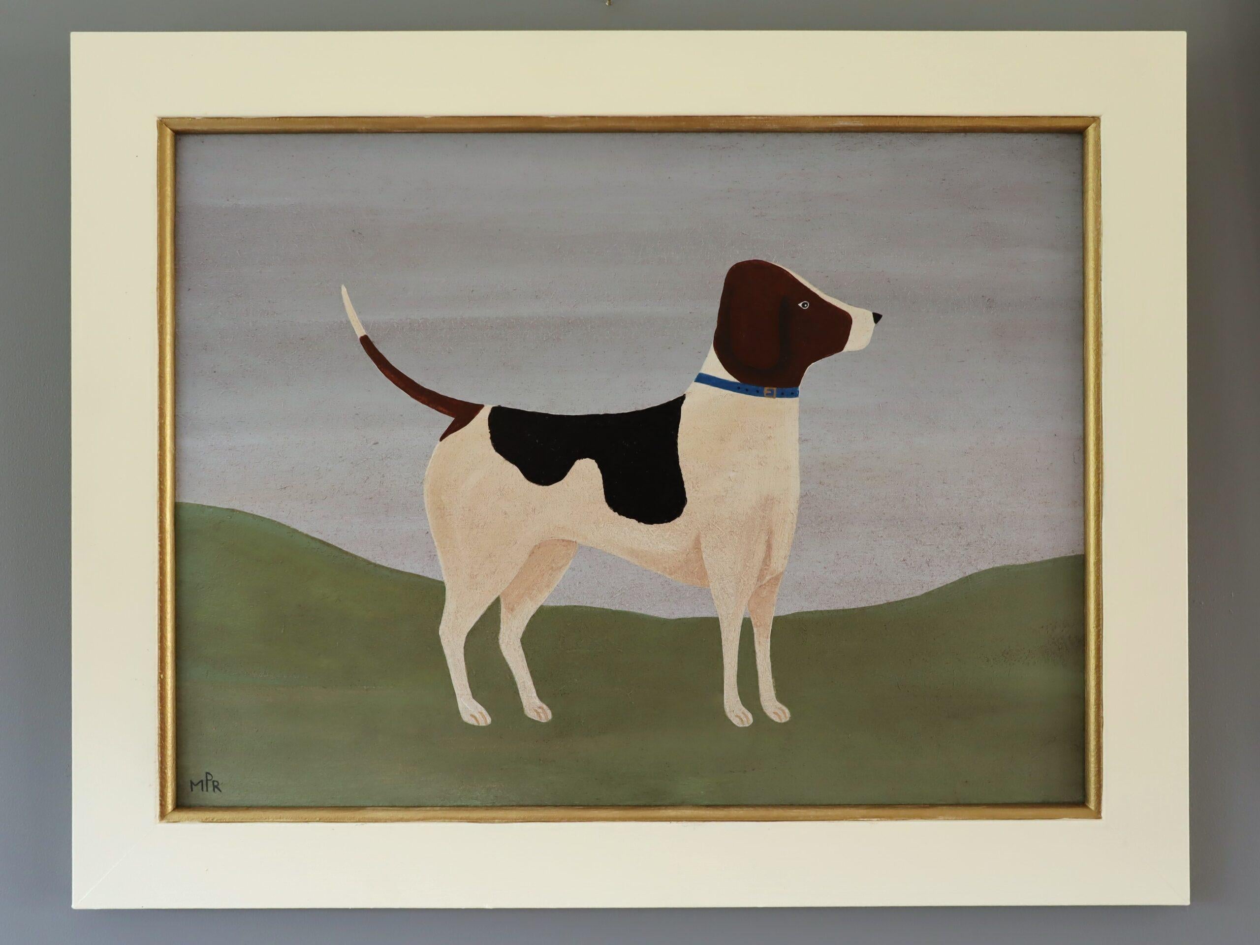 Naives Mini-Tier-Ölgemälde im zeitgenössischen Stil - Fox Hound mit blauem Halsband – Painting von Matt Rix