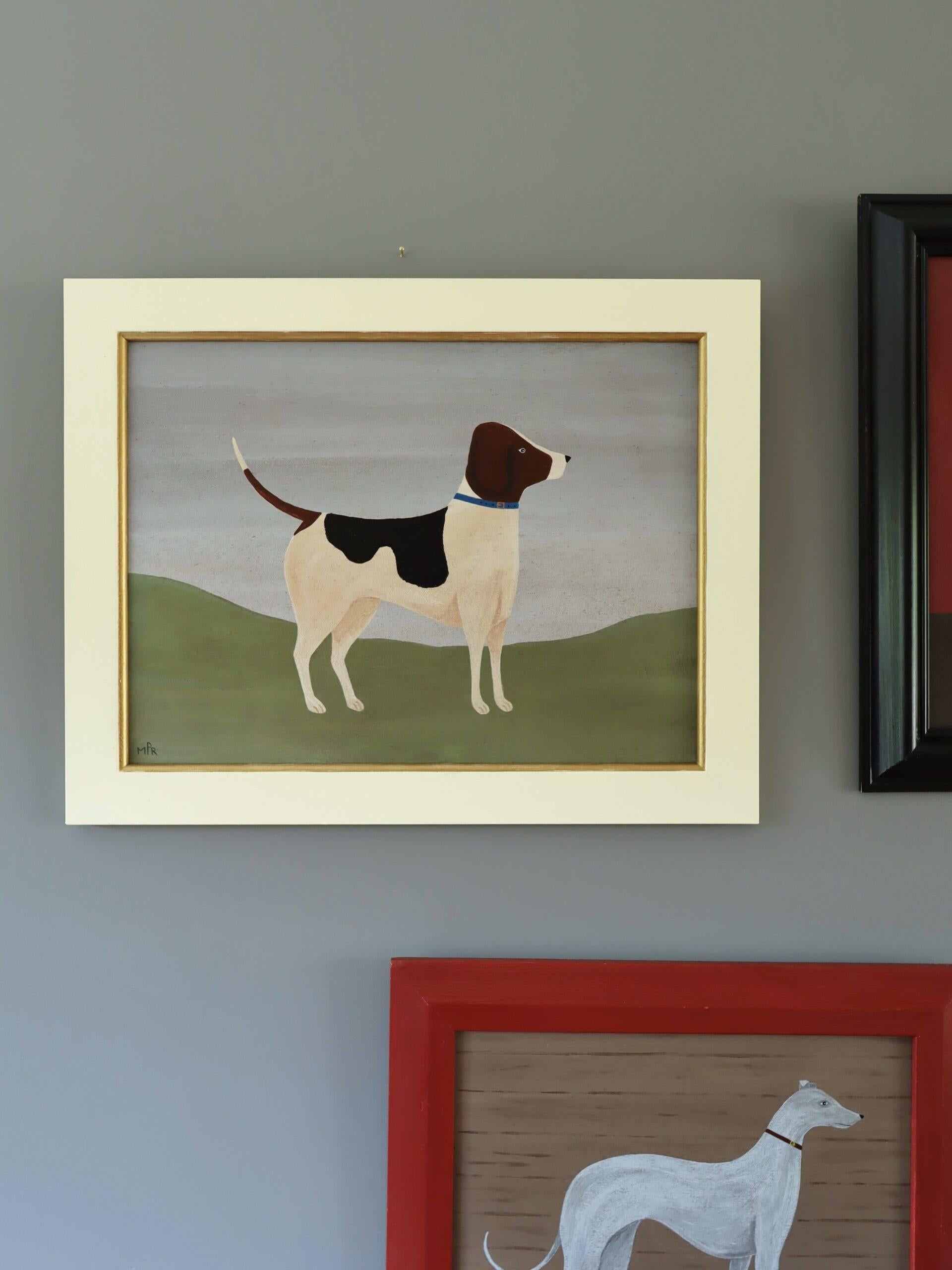 Naives Mini-Tier-Ölgemälde im zeitgenössischen Stil - Fox Hound mit blauem Halsband (Zeitgenössisch), Painting, von Matt Rix