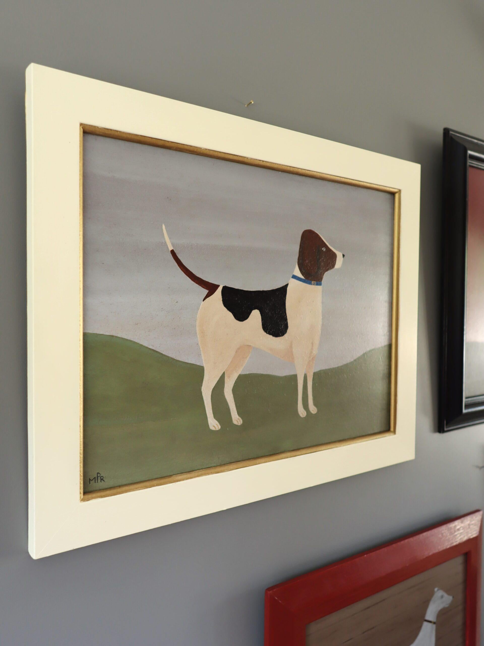 Naives Mini-Tier-Ölgemälde im zeitgenössischen Stil - Fox Hound mit blauem Halsband (Braun), Animal Painting, von Matt Rix