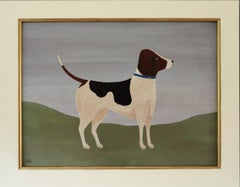 Mini Pintura al Óleo Contemporánea de Animales de Estilo Naïve - Lebrel Zorro con Collar Azul