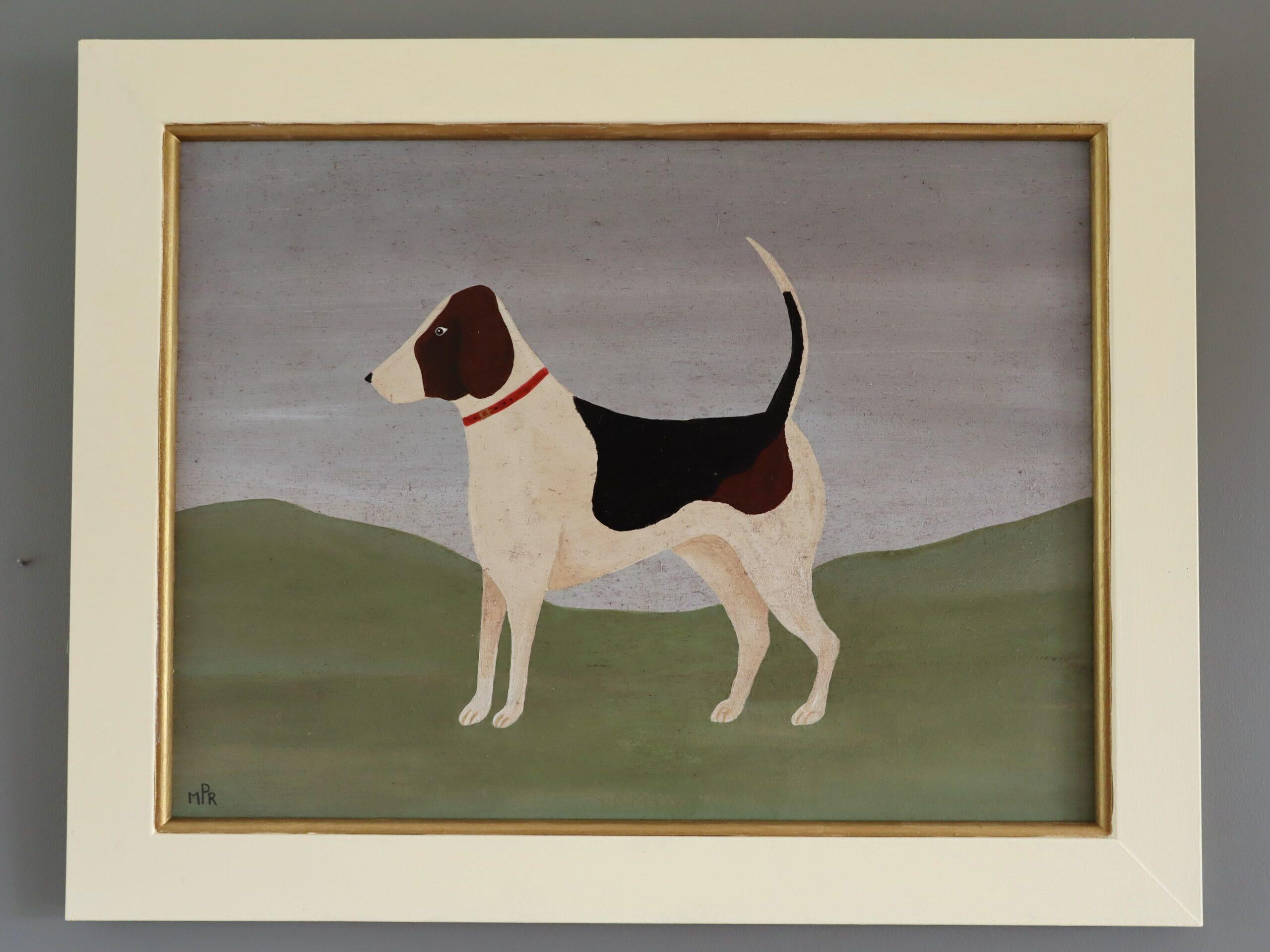 Naives Mini-Tier-Ölgemälde im zeitgenössischen Stil - Fox Hound mit rotem Halsband – Painting von Matt Rix