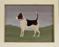Mini Pintura al Óleo Contemporánea de Animales de Estilo Naïve - Lebrel Zorro con Collar Rojo