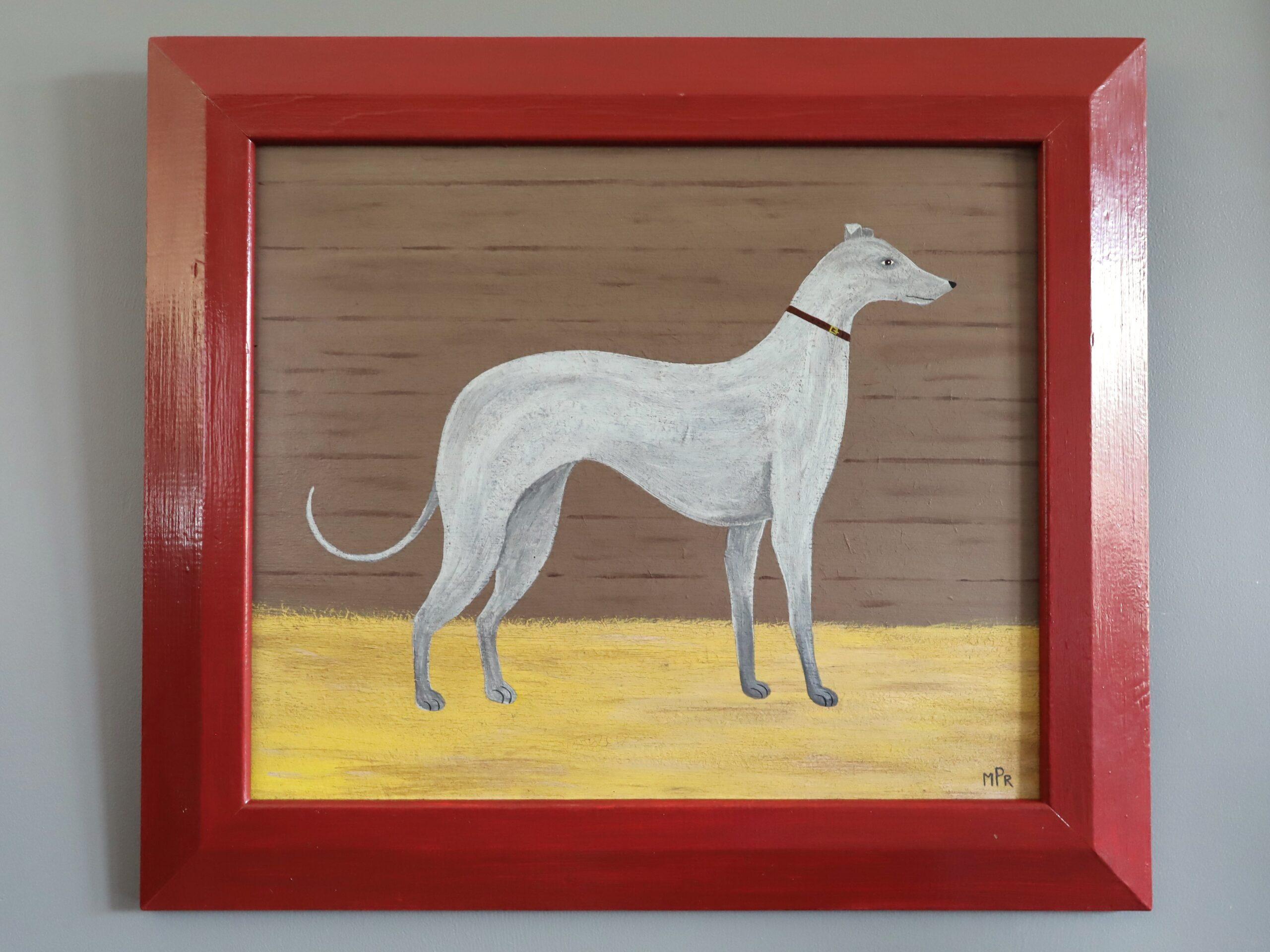 Zeitgenössische Original britische naiven Stil Tier Ölgemälde - Greyhound – Painting von Matt Rix