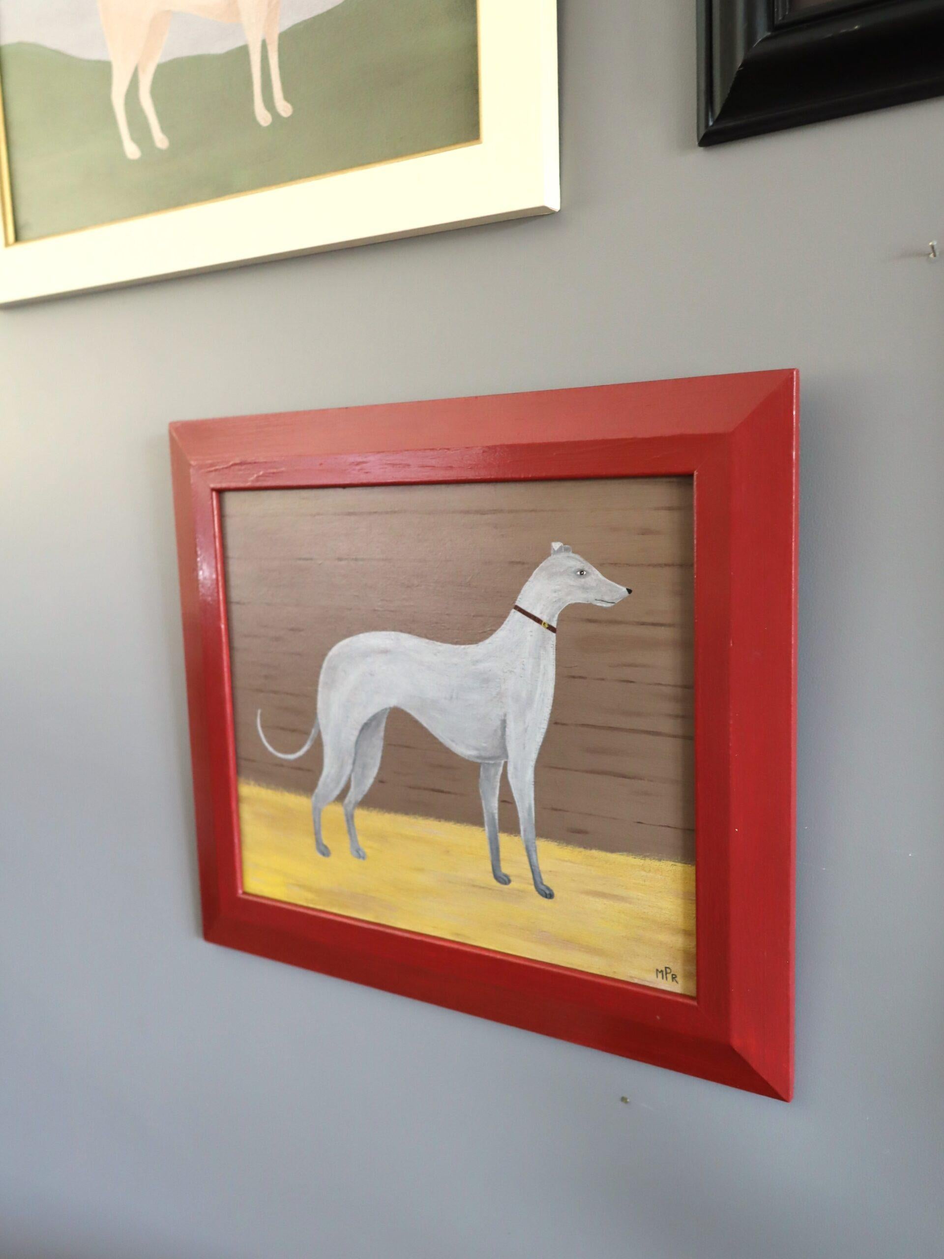 Zeitgenössische Original britische naiven Stil Tier Ölgemälde - Greyhound im Angebot 1