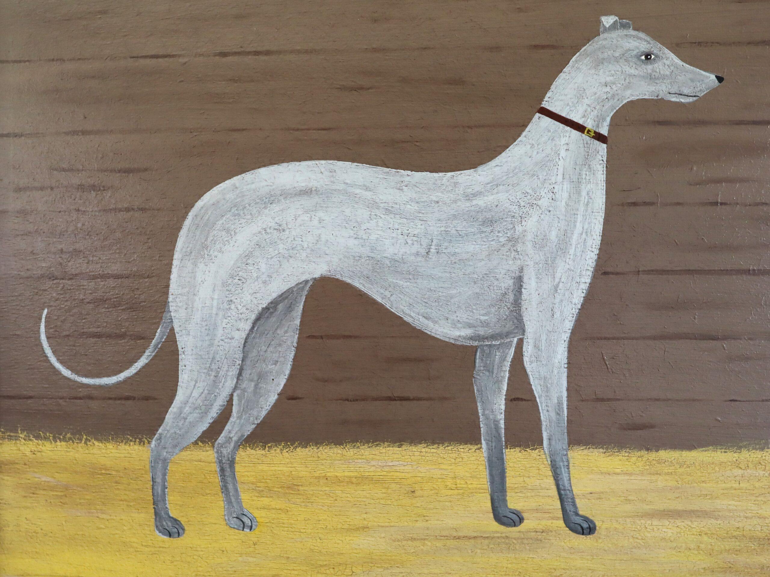 Zeitgenössische Original britische naiven Stil Tier Ölgemälde - Greyhound im Angebot 3