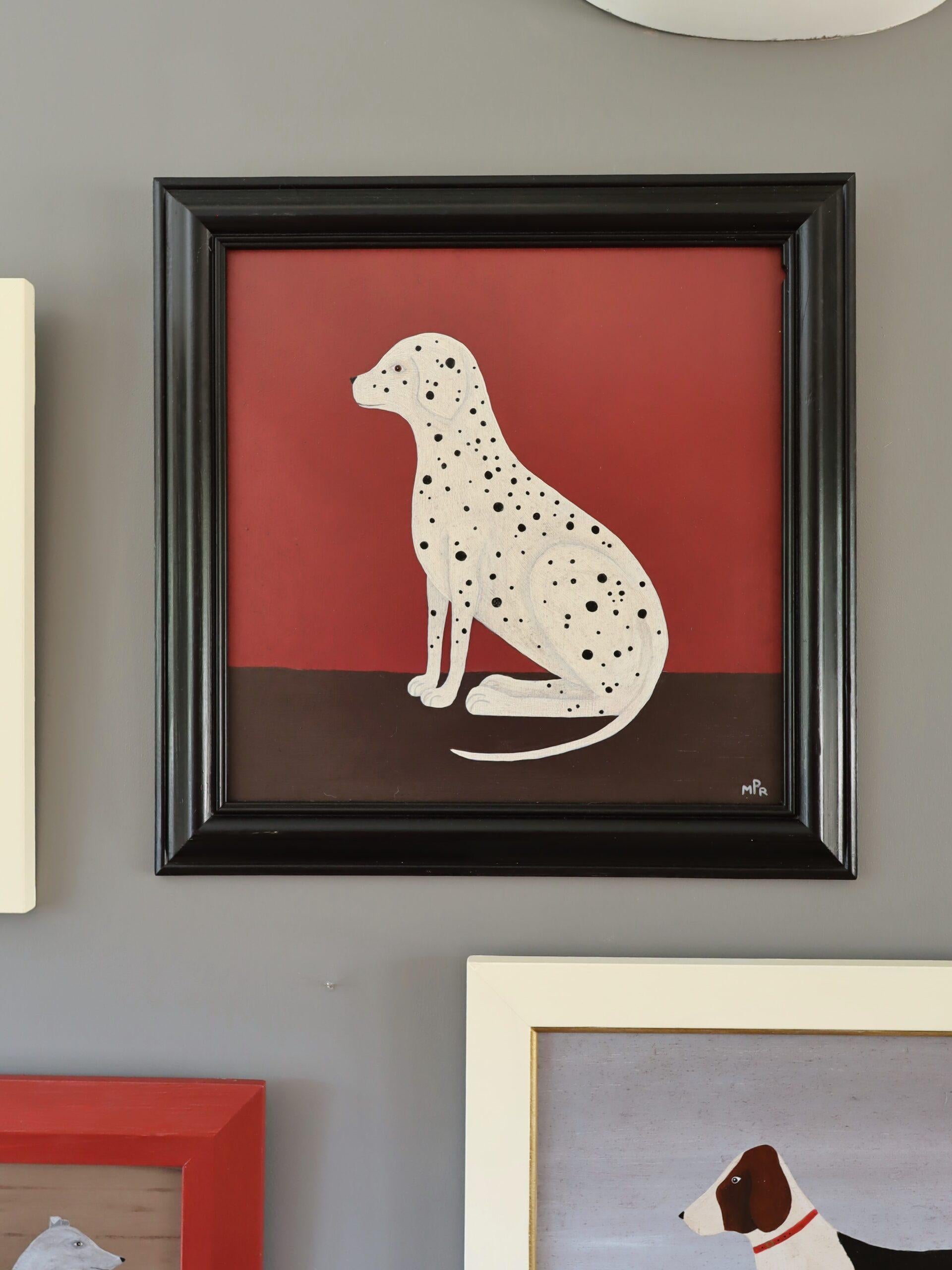 Zeitgenössische Original Minimalist Naive Stil Tier Ölgemälde - Dalmatiner (Braun), Animal Painting, von Matt Rix