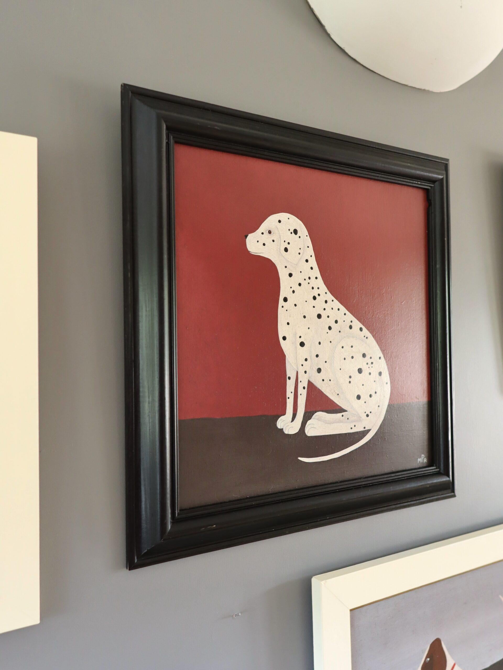 DALMATISCH
Größe: 40,5 x 40,5 cm (einschließlich Rahmen)
Öl auf Karton

Eine sehr liebenswerte und einnehmende Hundekomposition eines Dalmatiners, gemalt in einem naiven Stil in Öl auf Platte vom britischen Künstler Matt Rix.

Der Hund ist im Profil