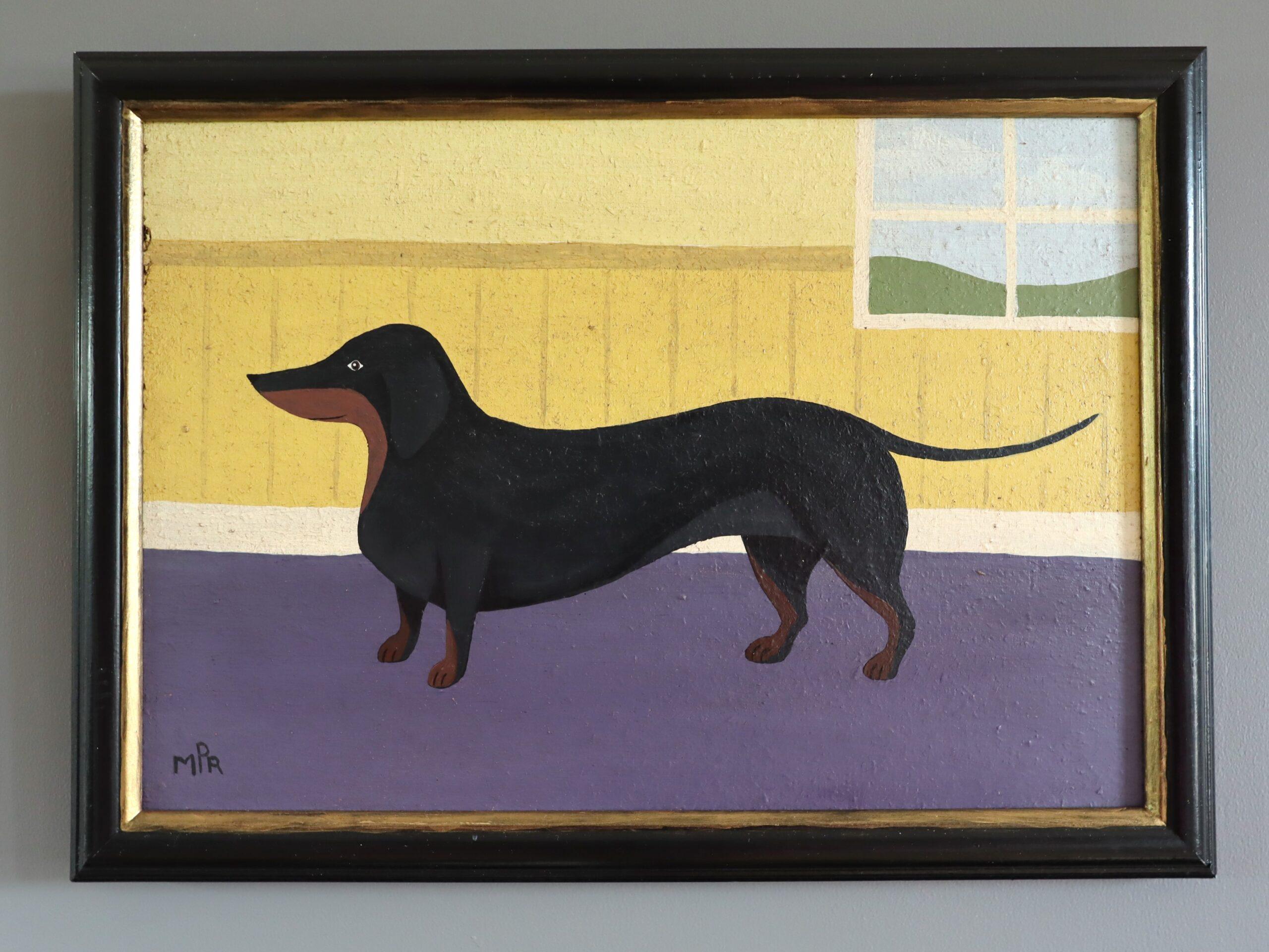 Zeitgenössische Original Naive Stil Tier Mini Ölgemälde - Dackel – Painting von Matt Rix