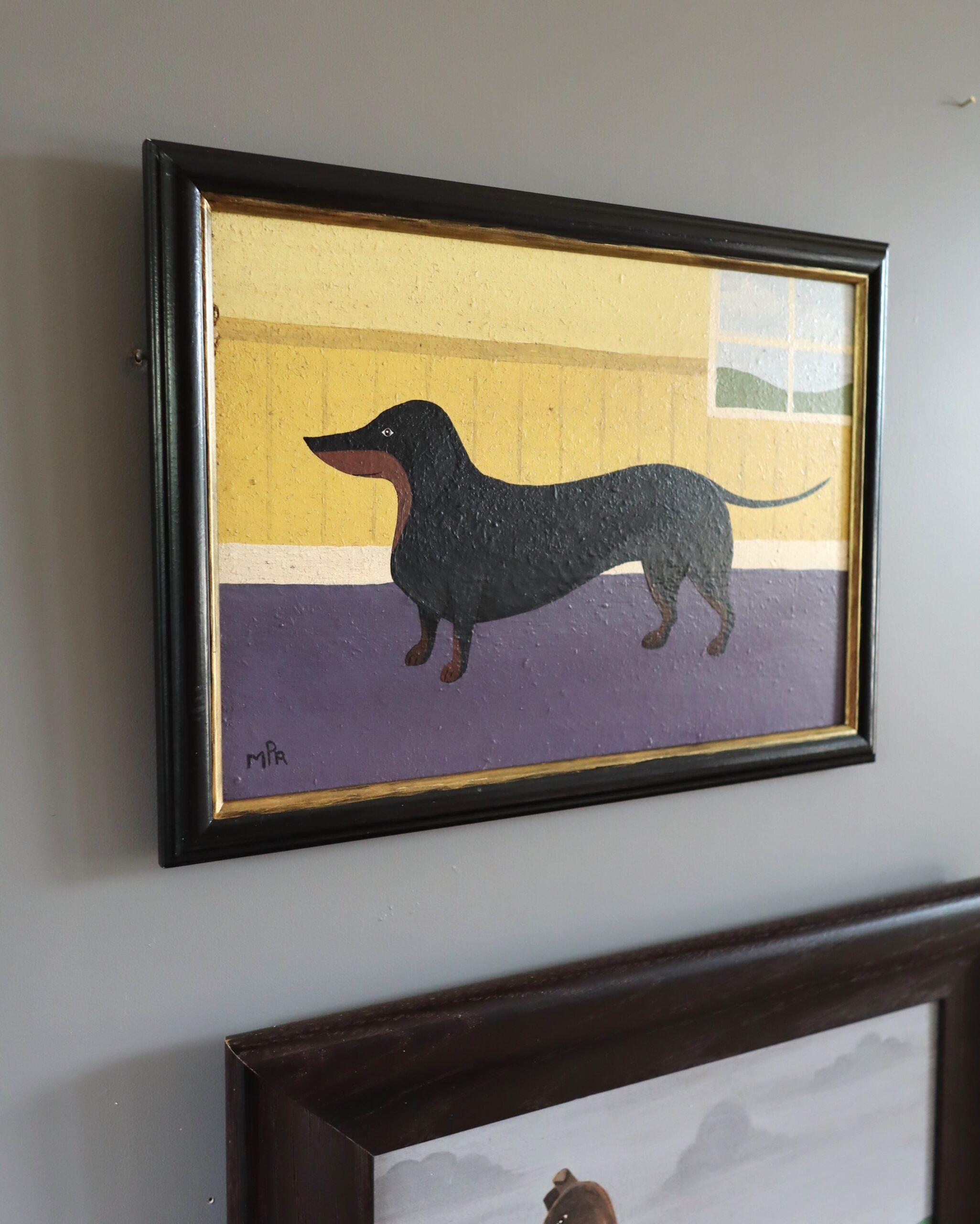 Zeitgenössische Original Naive Stil Tier Mini Ölgemälde - Dackel (Schwarz), Animal Painting, von Matt Rix