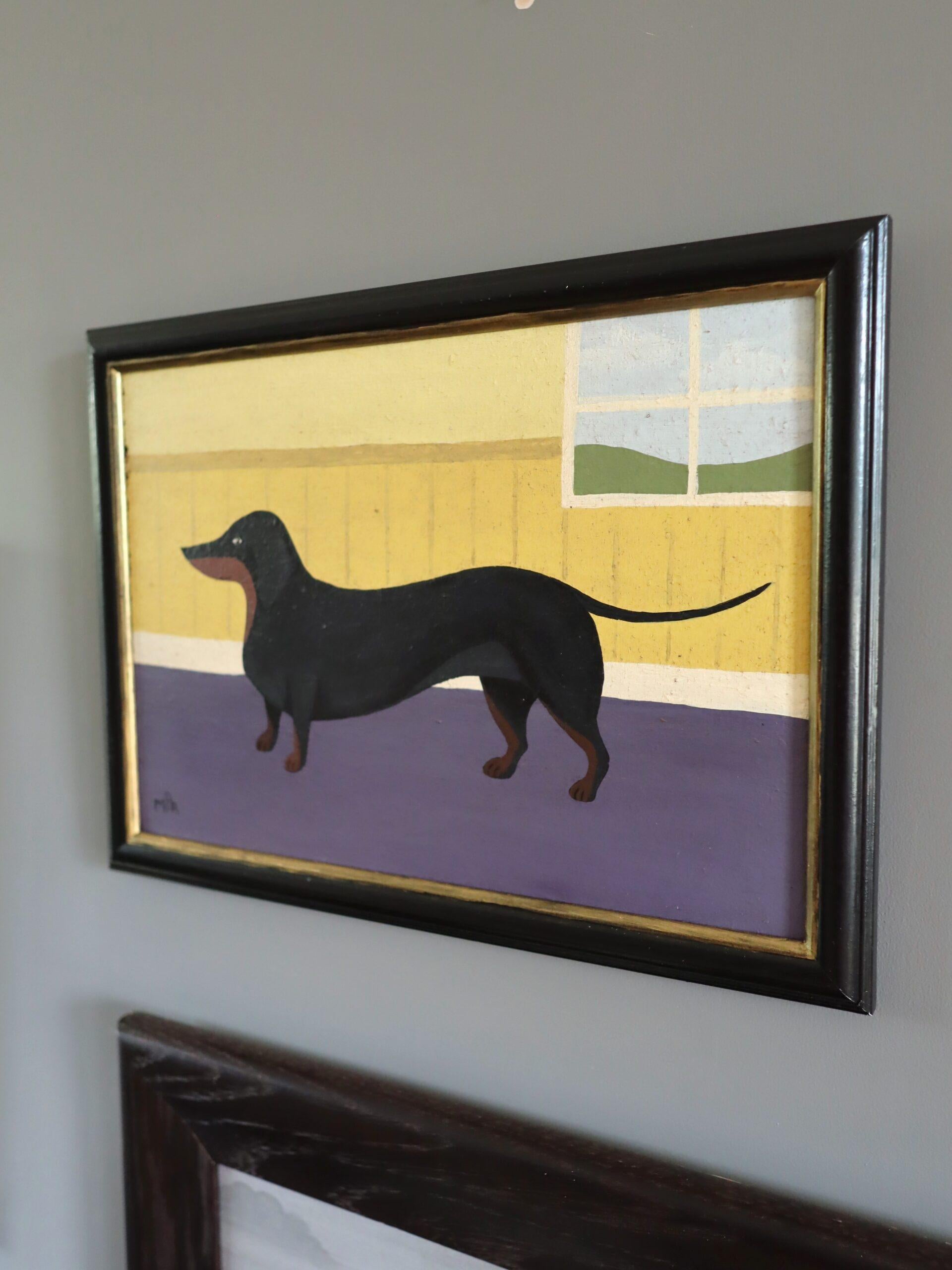 DACHSHUND
Größe: 24 x 33 cm (einschließlich Rahmen)
Öl auf Karton

Eine sehr liebenswerte und einnehmende Hundekomposition eines Dackels, gemalt in einem naiven Stil in Öl auf Platte vom britischen Künstler Matt Rix.

Der Hund ist im Profil