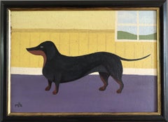 Contemporary Original Naive Style Animal Mini Oil Painting - Dachshund