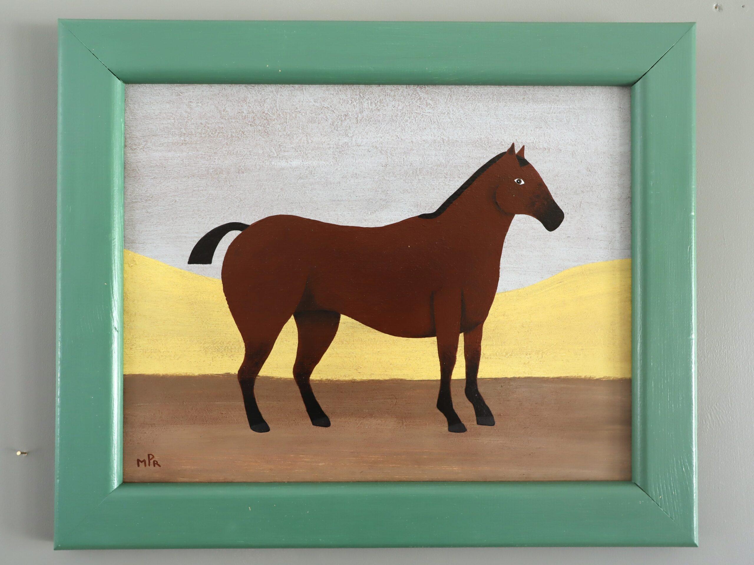 Pintura al óleo contemporánea original de estilo naïve sobre animales - Un caballo sin nombre - Painting de Matt Rix