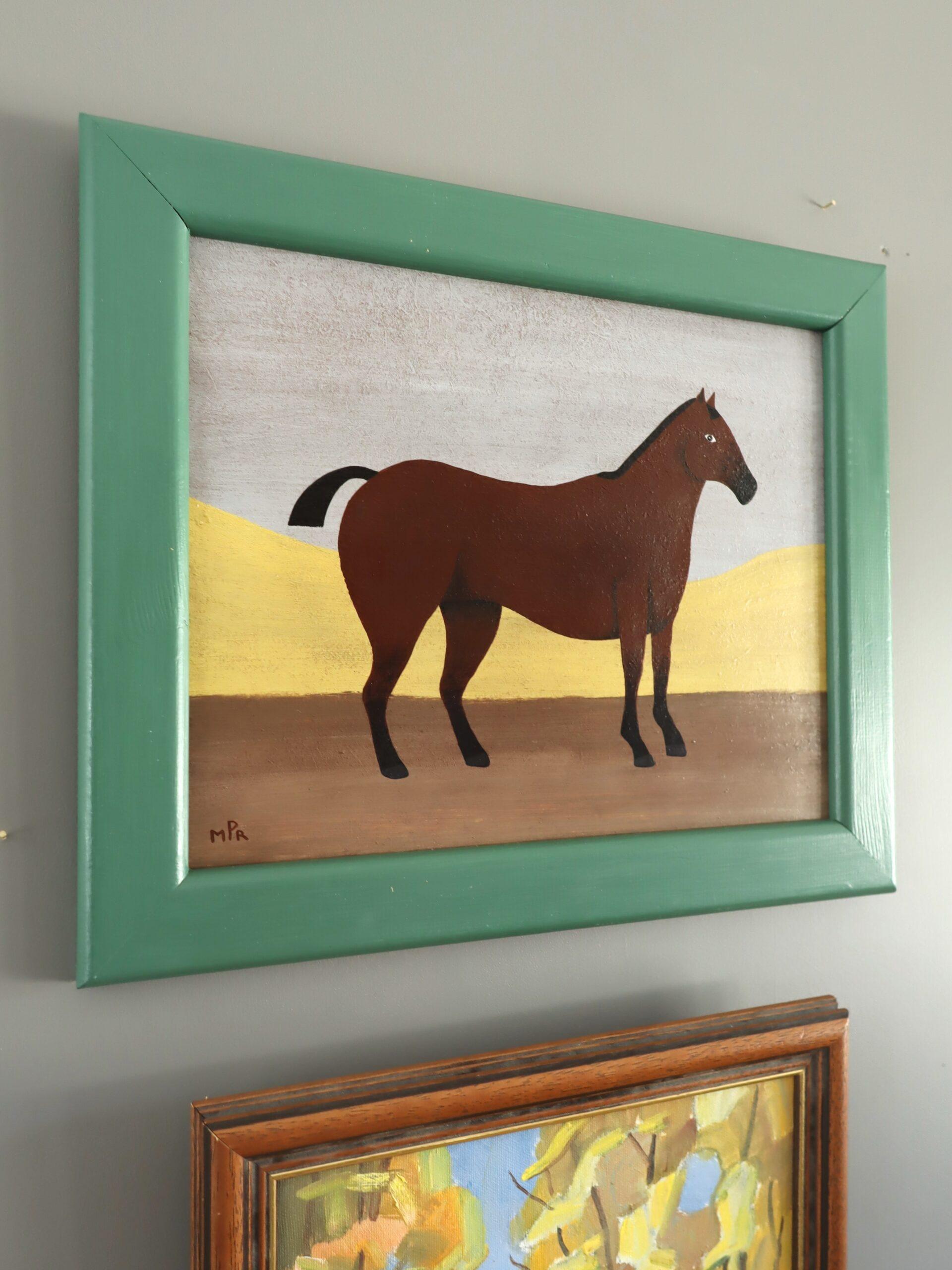 Pintura al óleo contemporánea original de estilo naïve sobre animales - Un caballo sin nombre - Animal Painting Gris de Matt Rix
