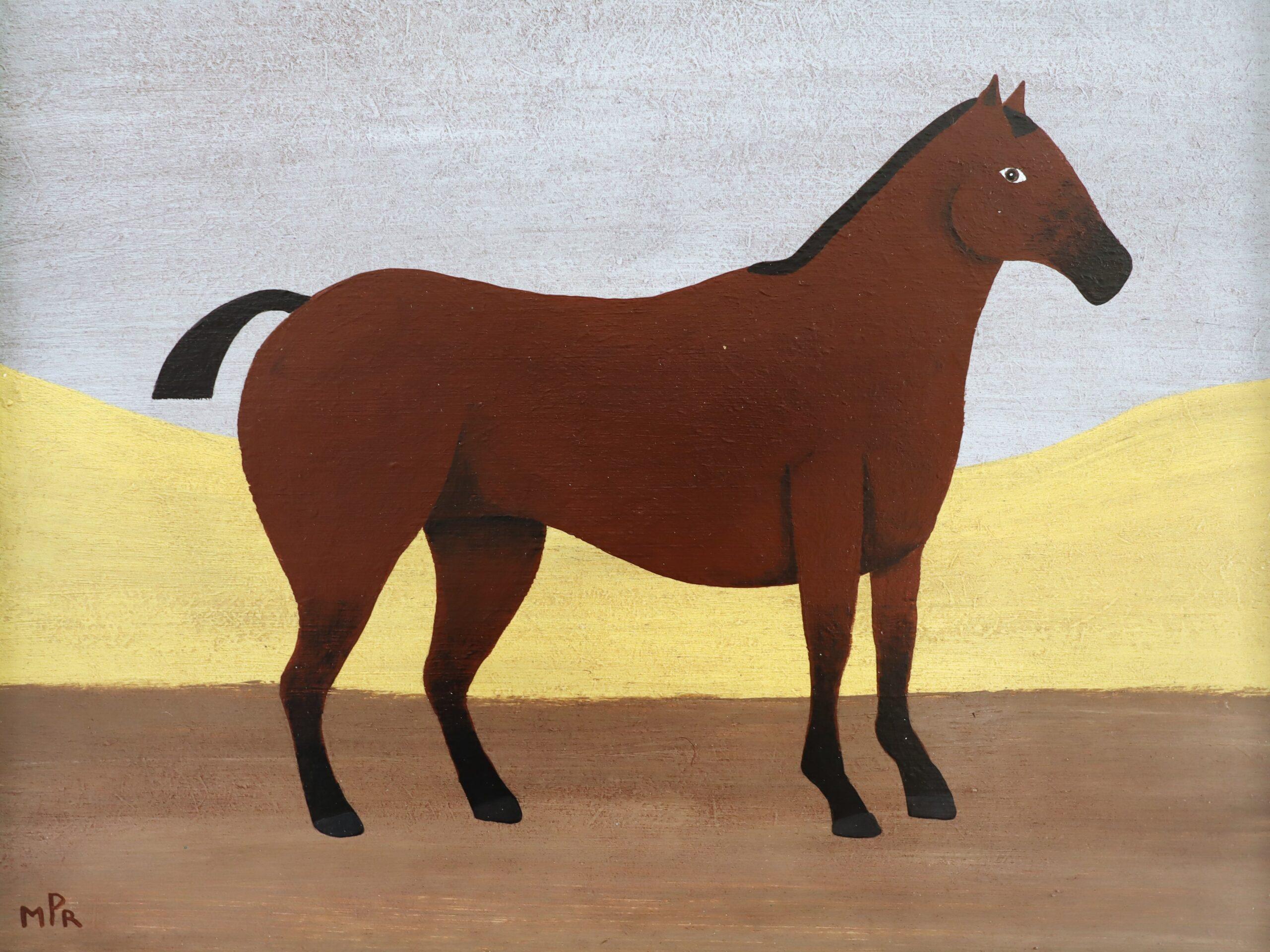 Pintura al óleo contemporánea original de estilo naïve sobre animales - Un caballo sin nombre en venta 3