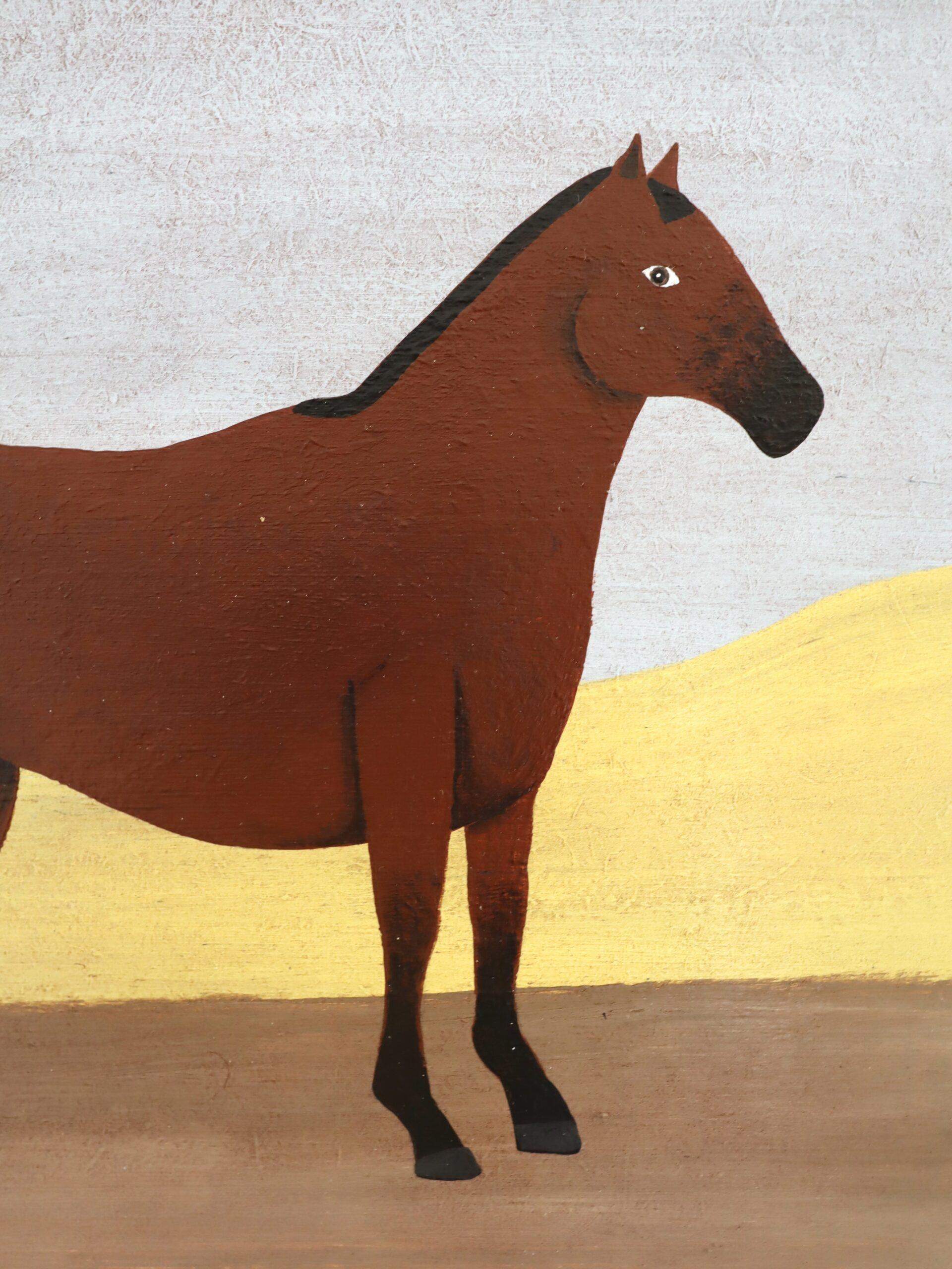 Pintura al óleo contemporánea original de estilo naïve sobre animales - Un caballo sin nombre en venta 4