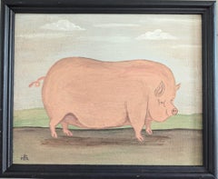 Contemporary Original Naïve Style Animal Oil Painting - Potbelly Pig