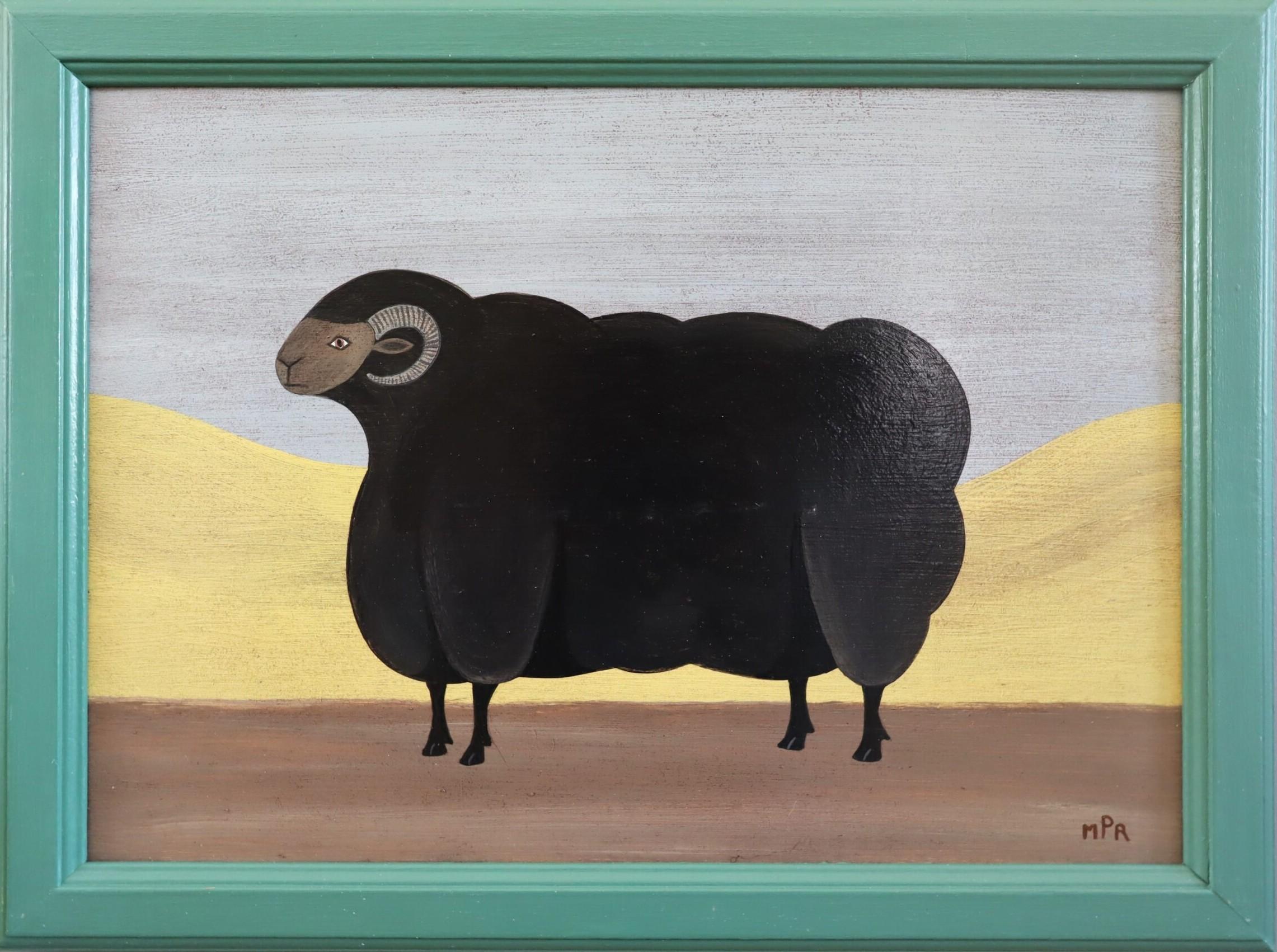 Peinture à l'huile contemporaine originale de style naïf sur les animaux - Prix Bélier Noir
