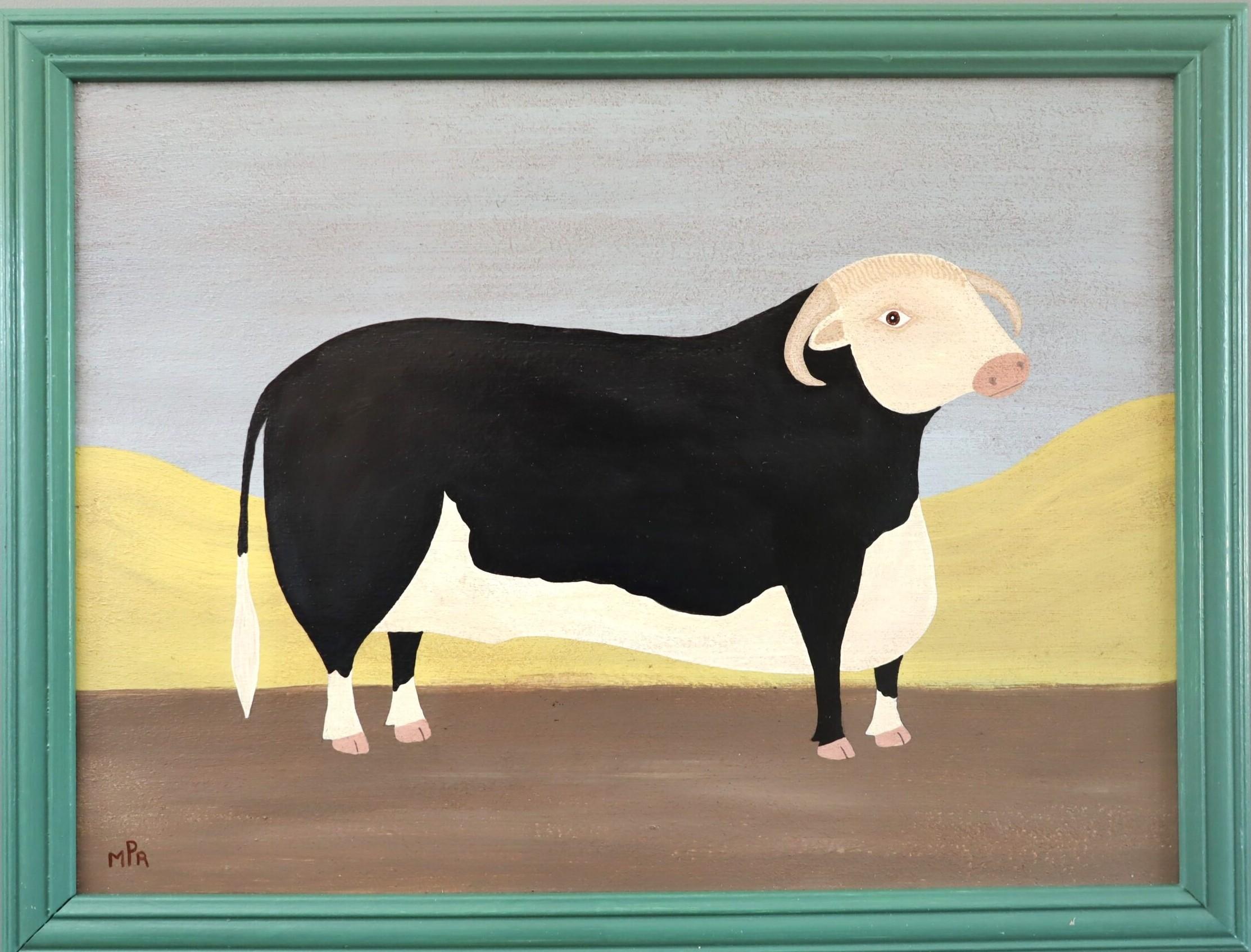 Peinture à l'huile contemporaine originale de style naïf sur les animaux - Prix Taureau Hereford