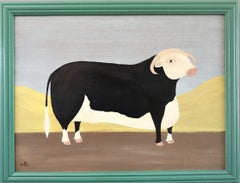 Peinture à l'huile contemporaine originale de style naïf sur les animaux - Prix Taureau Hereford