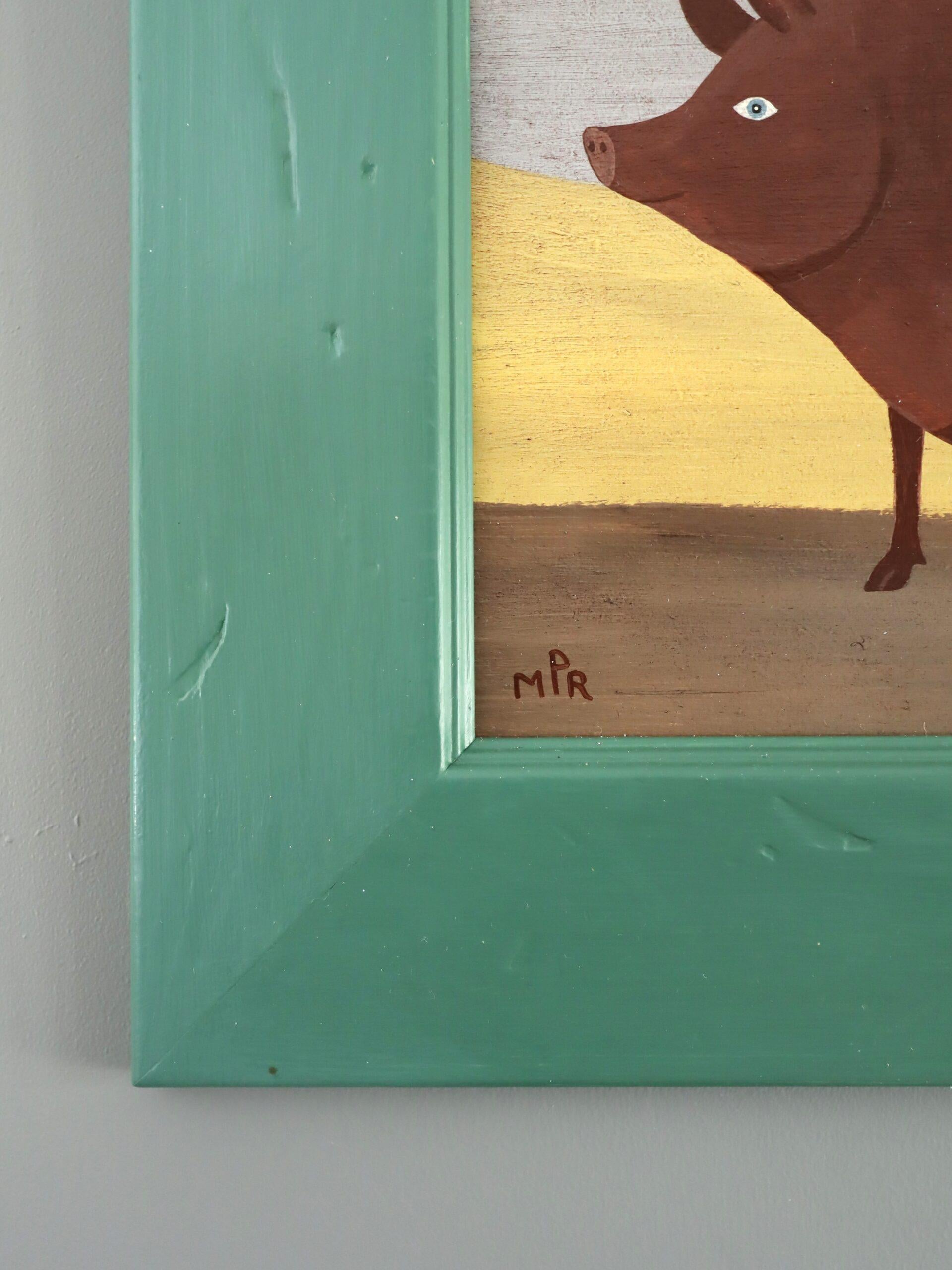 Peinture à l'huile contemporaine originale de style naïf sur les animaux - Prix Tamworth Pig en vente 1