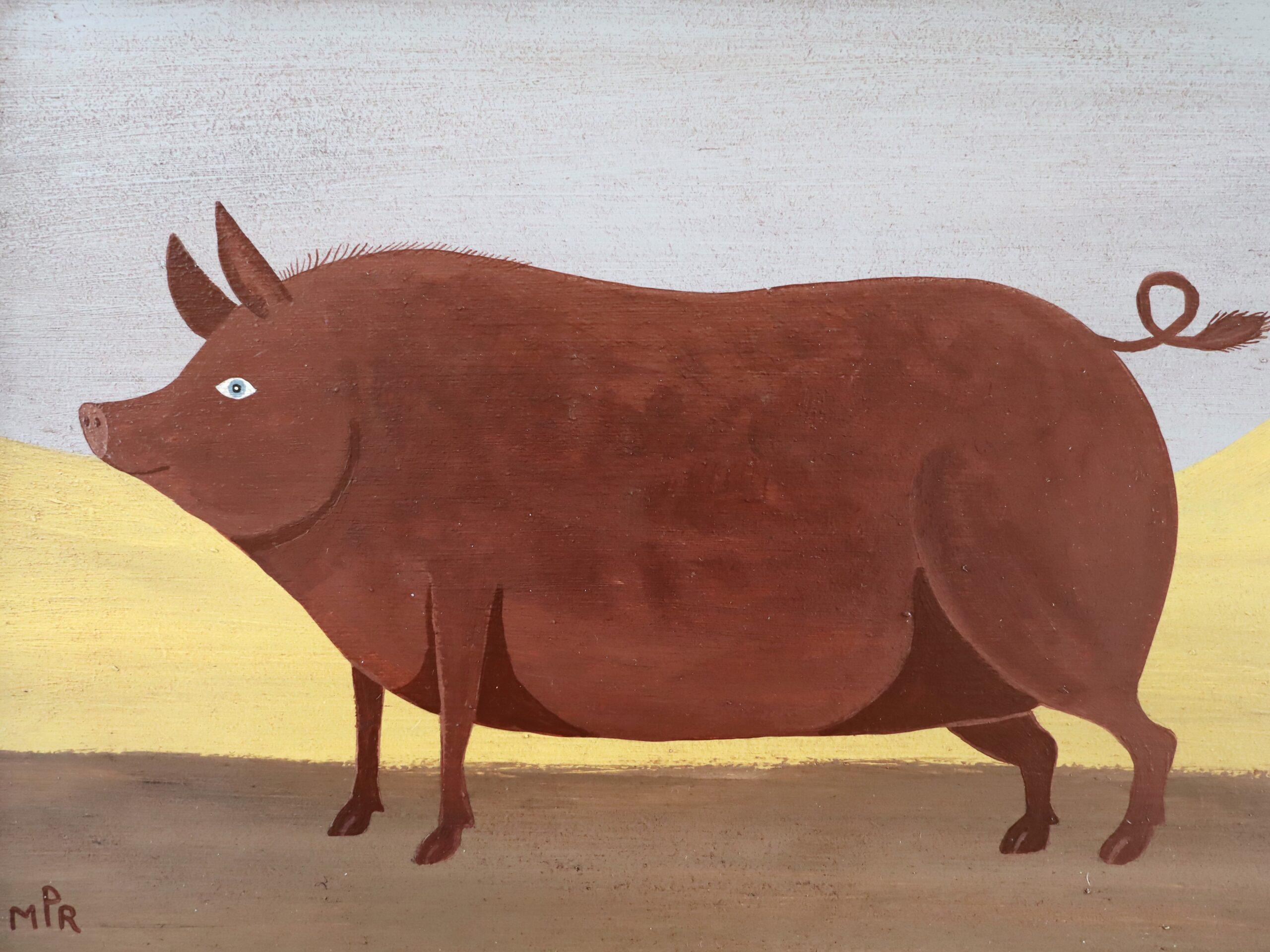 Peinture à l'huile contemporaine originale de style naïf sur les animaux - Prix Tamworth Pig en vente 3