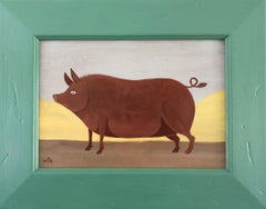 Peinture à l'huile contemporaine originale de style naïf sur les animaux - Prix Tamworth Pig