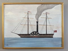 Contemporary Original Naïve Style Seascape Oil Painting - Naval Steamship