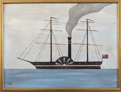 Contemporary Original Naïve Style Seascape Oil Painting - Naval Steamship