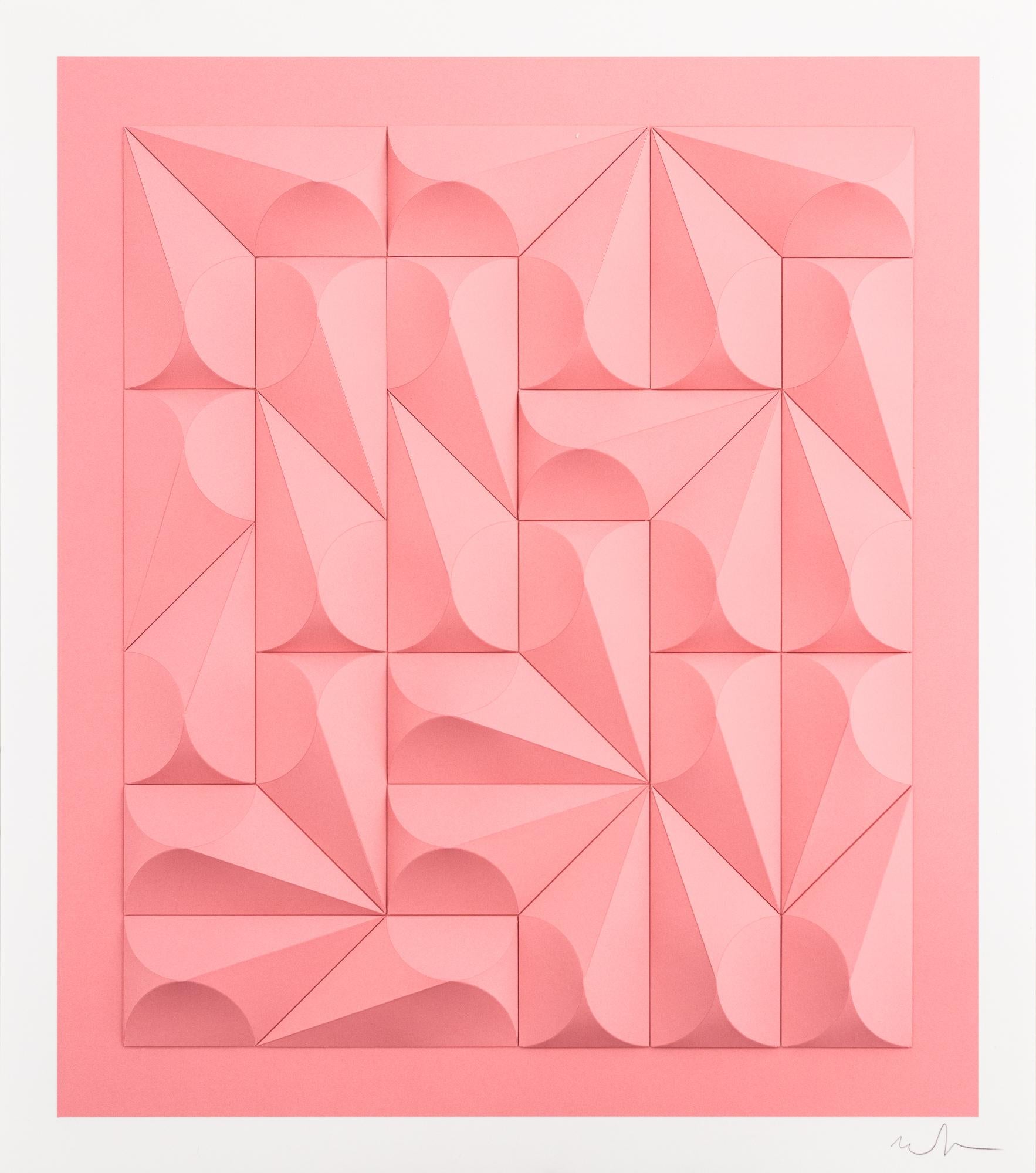 Matt Shlian Abstract Sculpture - "Omoplata 254 in Bubblegum", Hand-Folded Paper, Abstract Patterns