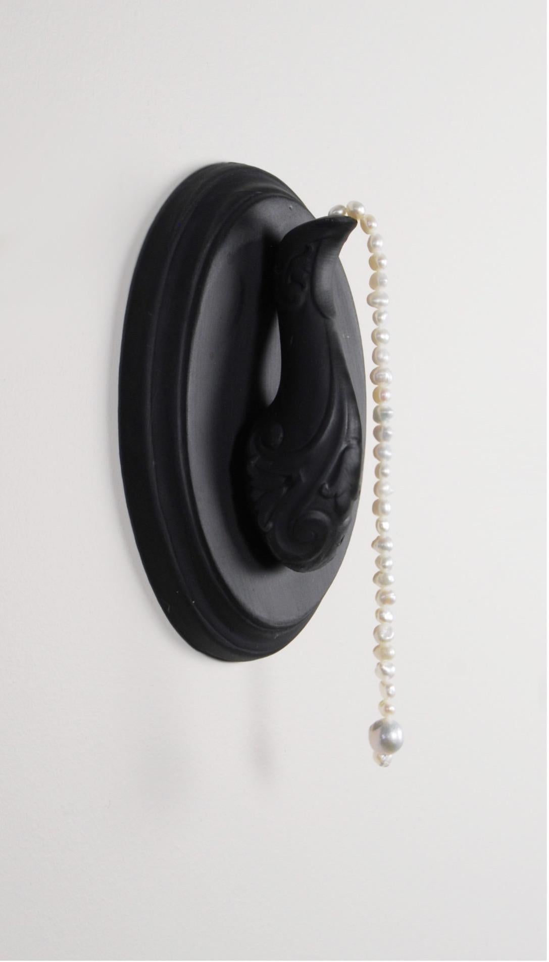 Matt Smith Abstract Sculpture - Aiden (Spout with pearls), 2021, Black Parian, Freshwater pearls