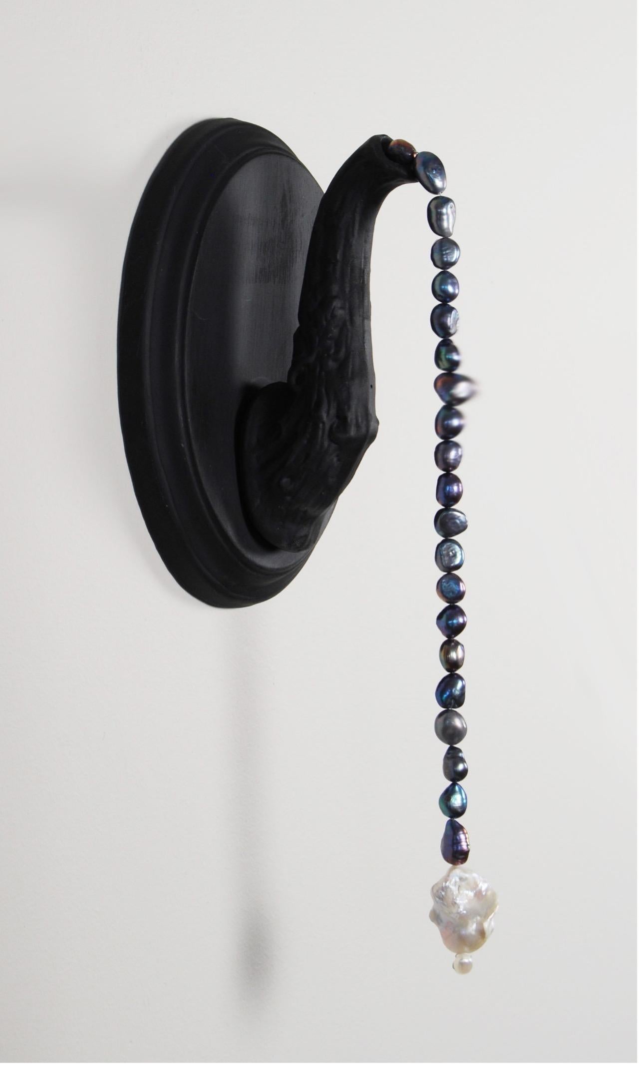 Matt Smith Abstract Sculpture - Jeff (Spout with pearls), 2021, Black Parian, Freshwater pearls