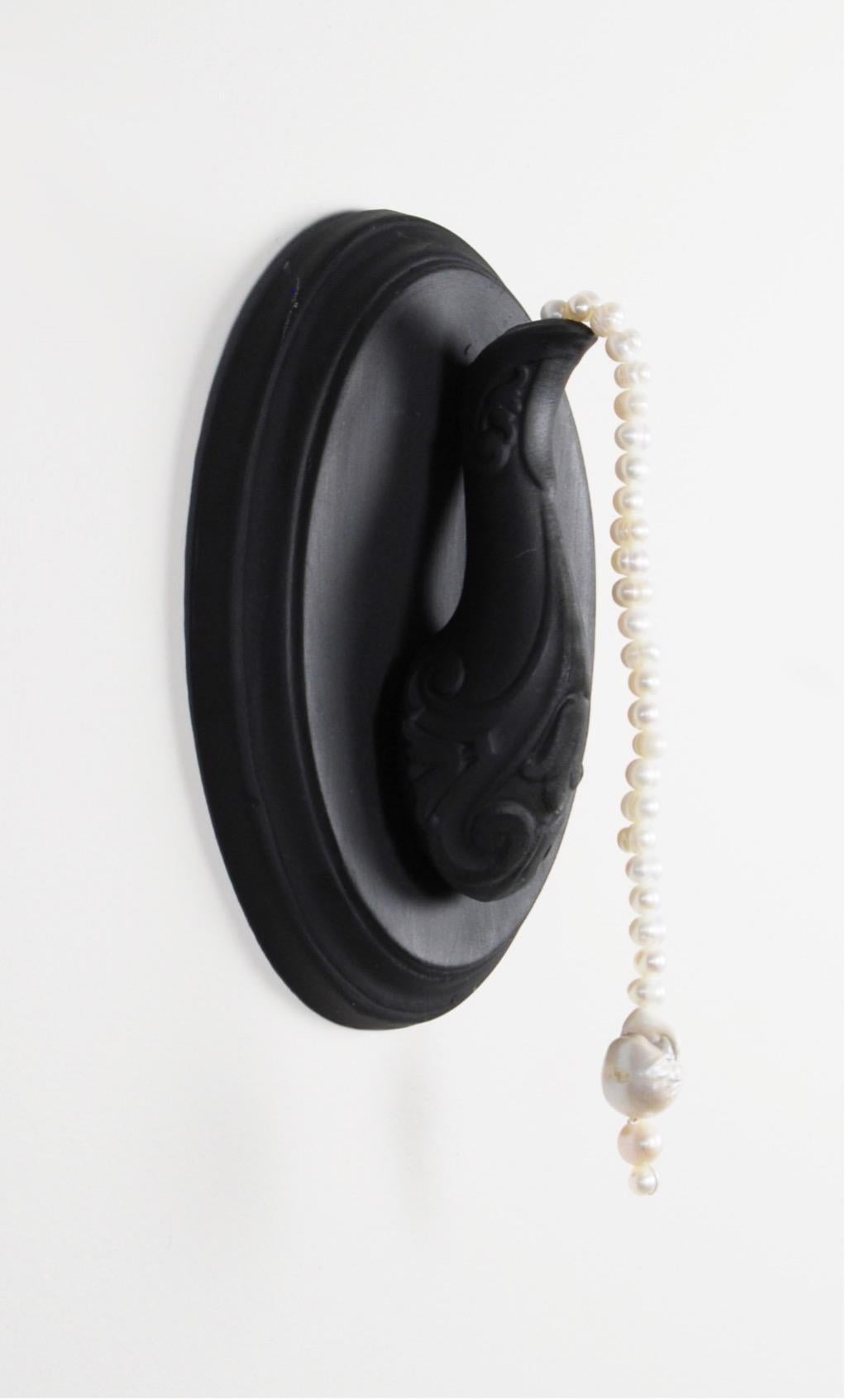 Matt Smith Abstract Sculpture - Joey (Spout with pearls), 2021, Black Parian, Freshwater pearls