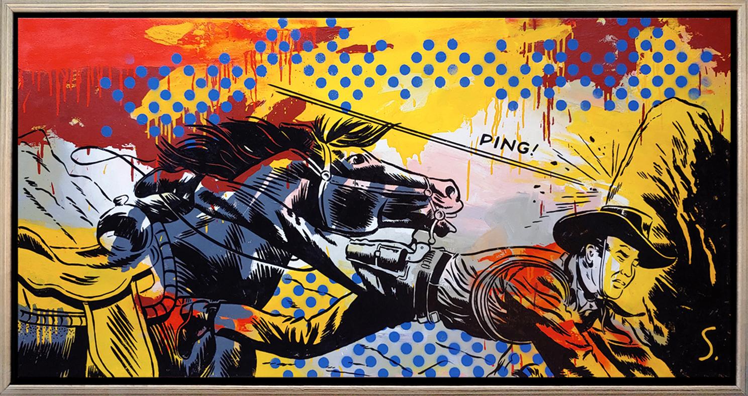 „PING“ aus:  32x62" große Pop-Art Cowboy Öl auf Leinwand