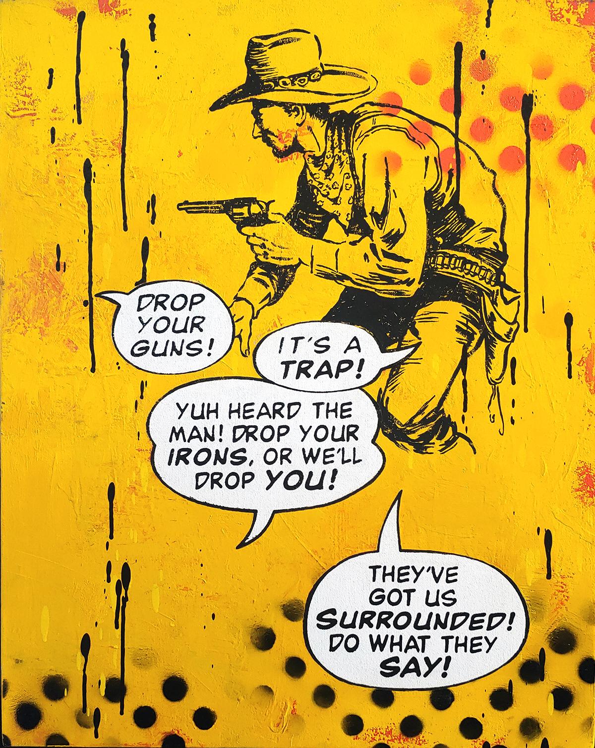 Matt Straub Abstract Painting – „Drop Your Guns“ Öl auf Leinwand Cowboy Western POP-Kunst 