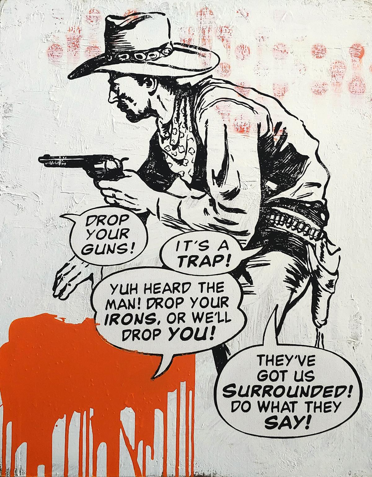 Abstract Painting di Matt Straub - "È una trappola" Olio su tela 30x24 Pittura western cowboy POP art Southwest