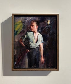 "Last Night" - Pittura a olio, ritratto maschile vulnerabile in una luce drammatica