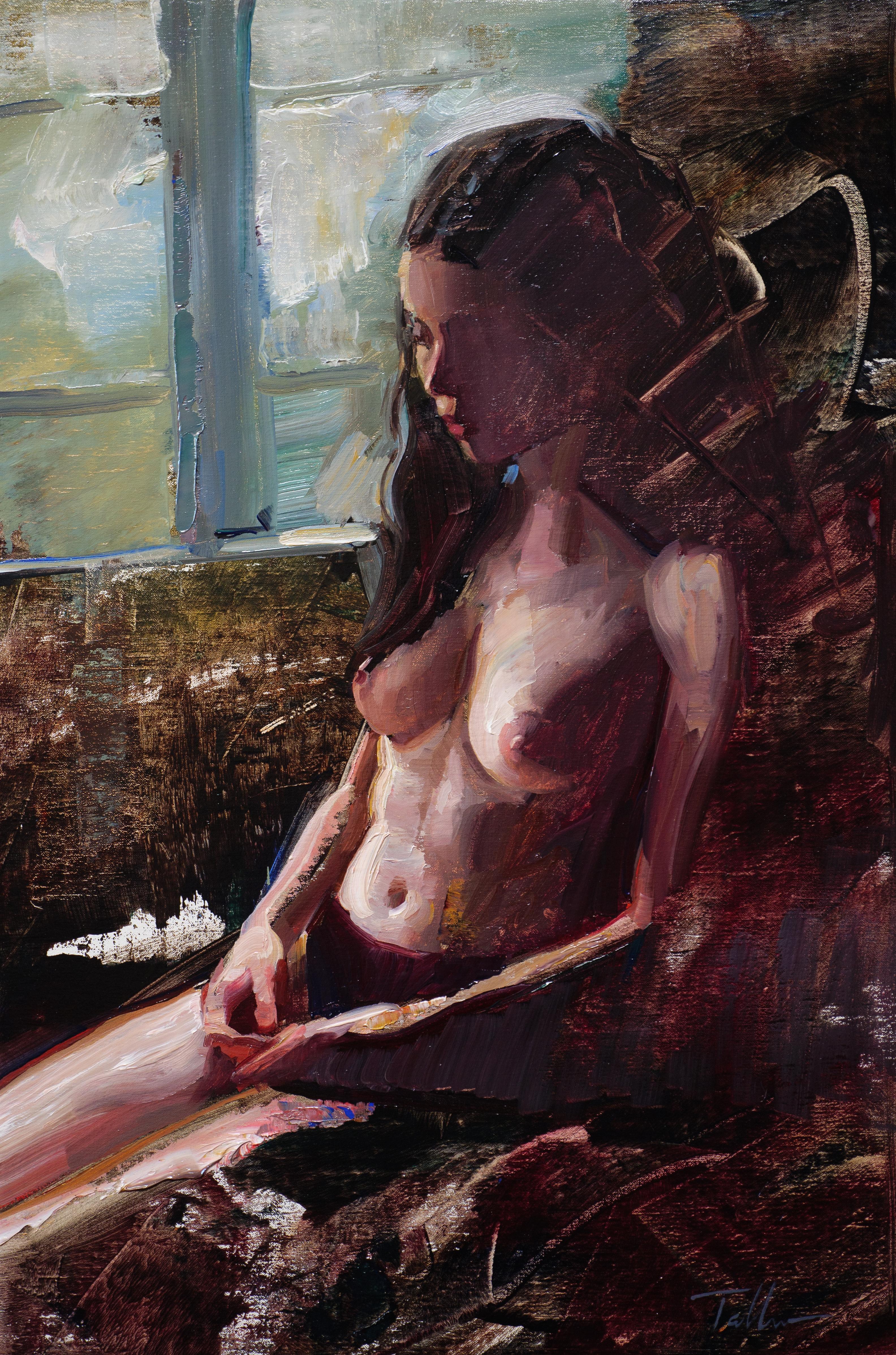 Matt Talbert's "Stillness" (2024) is an oil painting on linen, measuring 21 x 14 inches (53.34 x 35.56 cm). The unframed artwork features a nude female figure seated beside a window, with natural light filtering through the panes. Talbert's