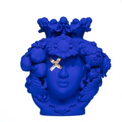 Teste di moro, Collezione di 4, Fatta a mano in Sicilia, Foglia d'oro, Blu Riflesso Bespoke