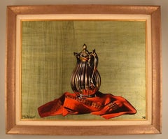 Matt W. Huggins, American Artist, Oil on Board, "Silver Pitcher on Red Cloth"