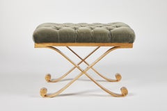 Mattaliano Anthony Bench with Gilded Iron X Base and Tufted Velvet Top