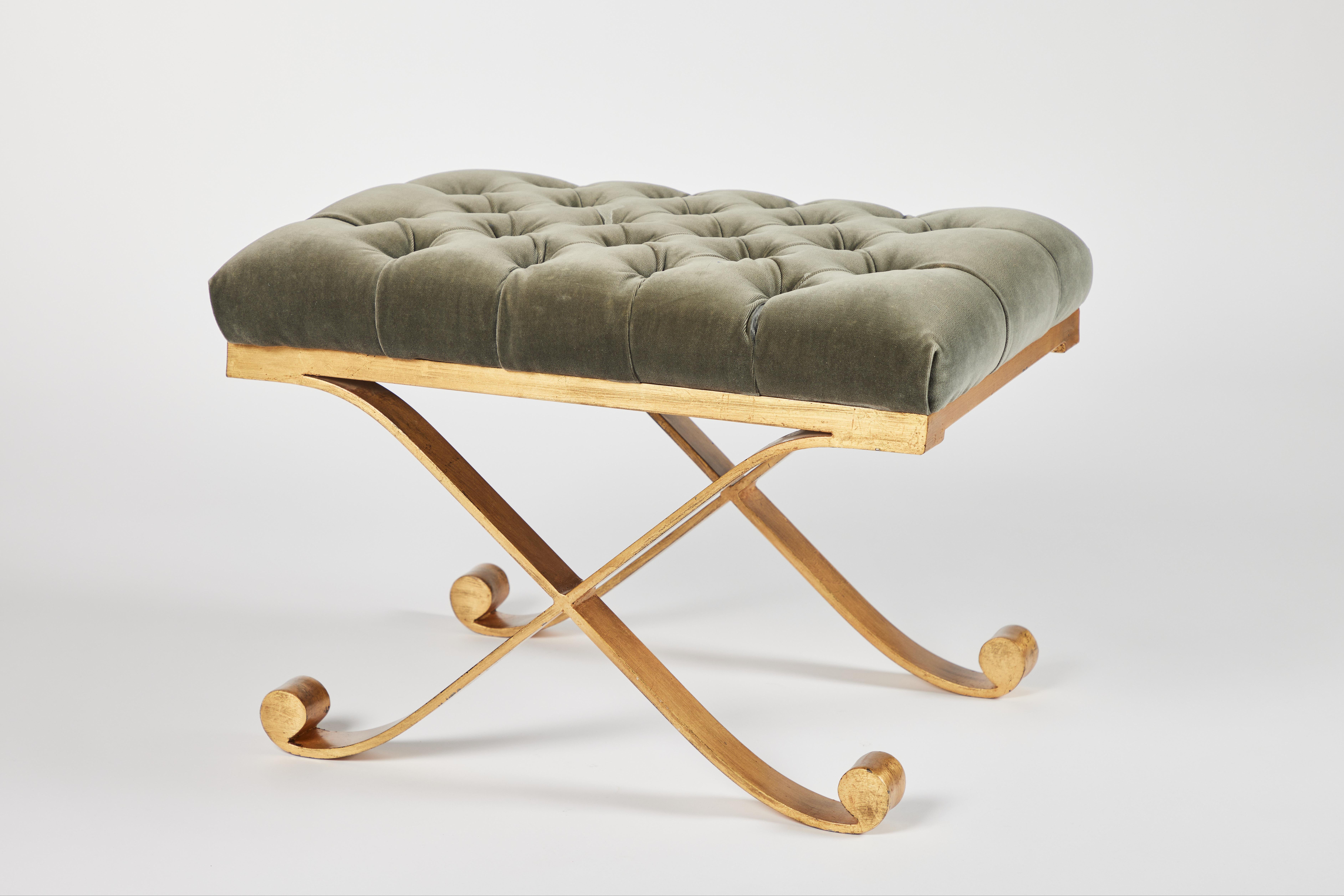 American Mattaliano Anthony Bench with Gilded Iron X Base and Tufted Velvet Top