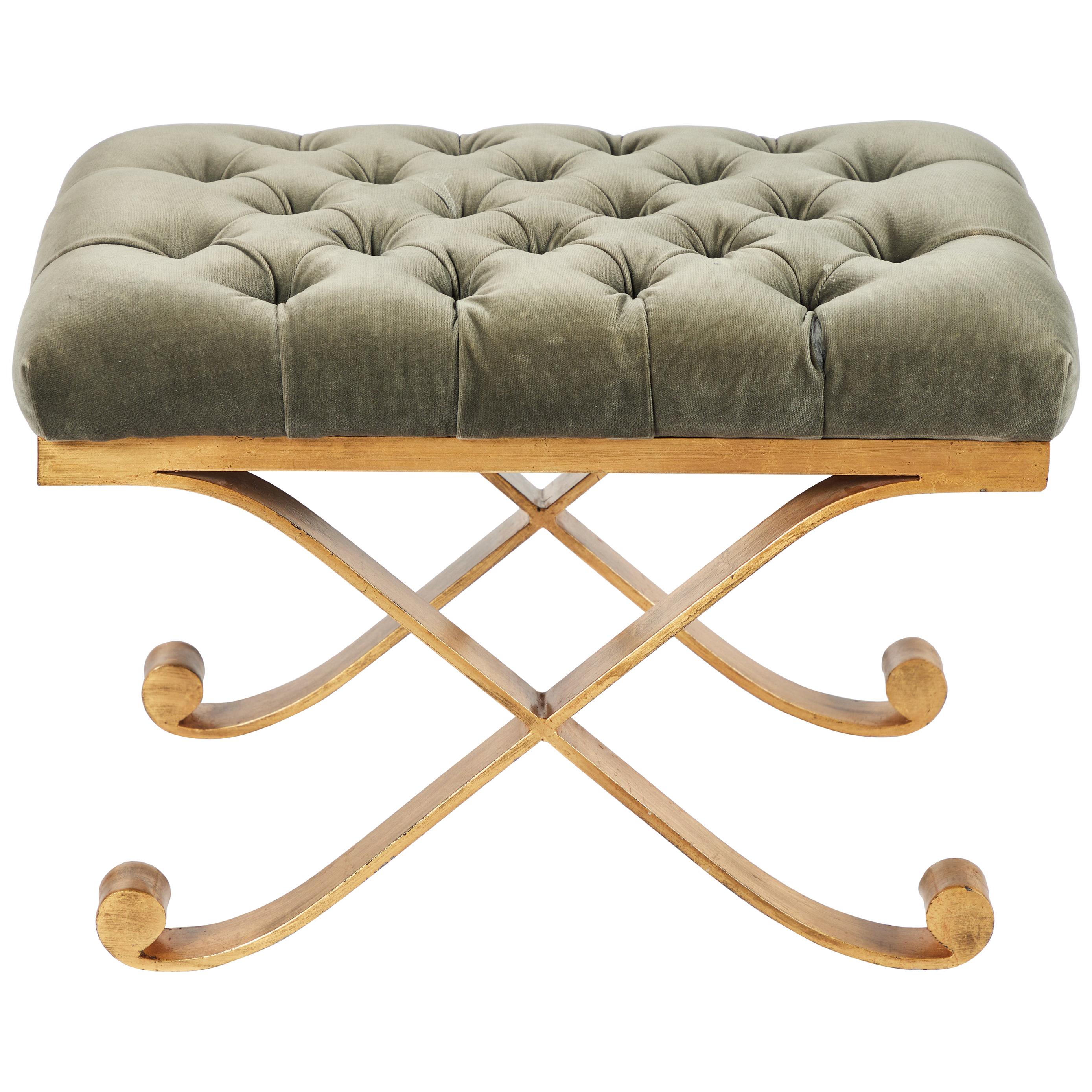 Mattaliano Anthony Bench with Gilded Iron X Base and Tufted Velvet Top