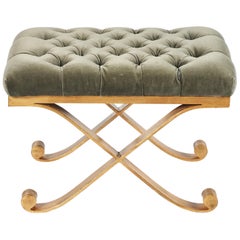 Mattaliano Anthony Bench with Gilded Iron X Base and Tufted Velvet Top