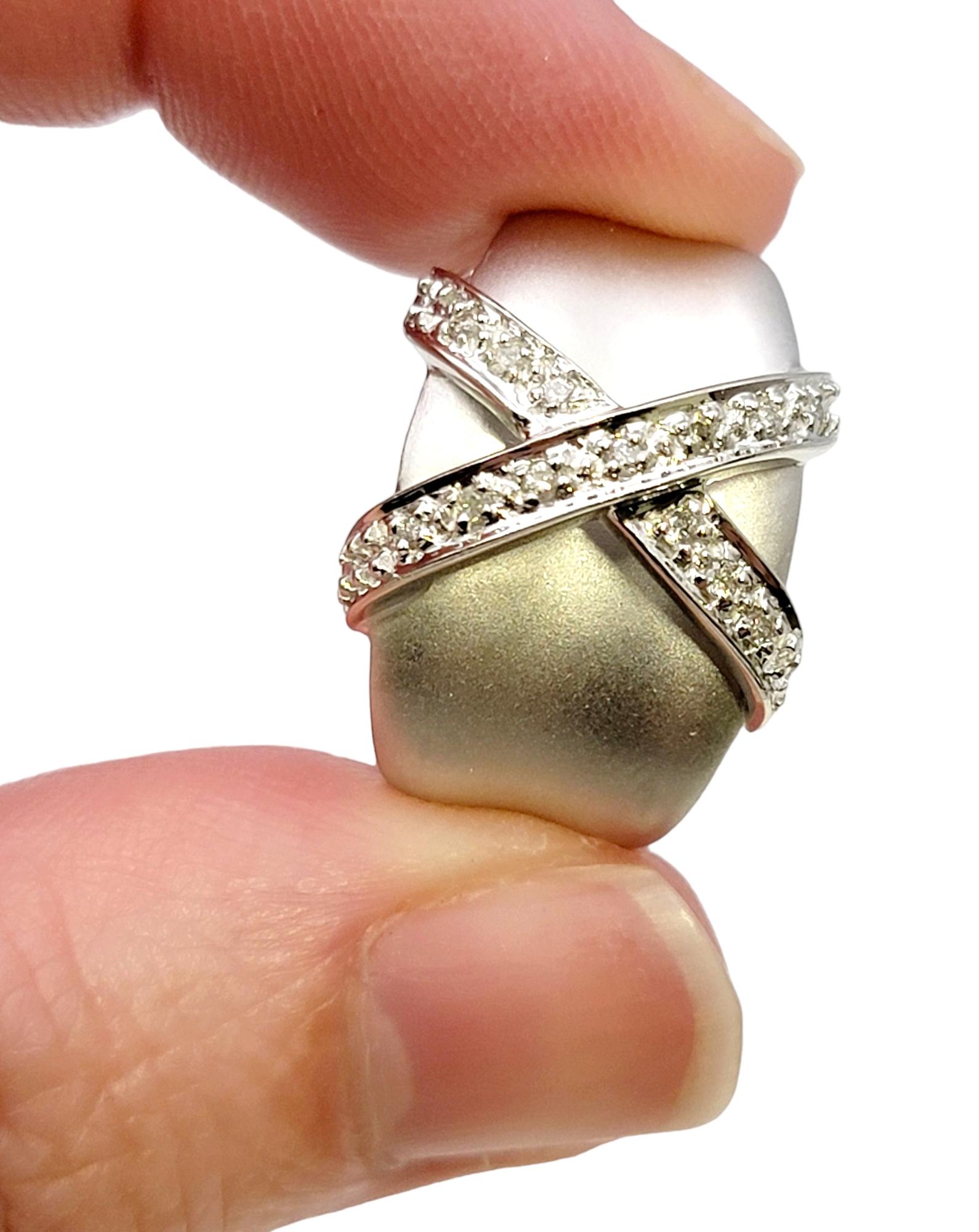 Matte 14 Karat White Gold Half Hoop Pierced Earrings with Pave Diamond X Design  For Sale 4