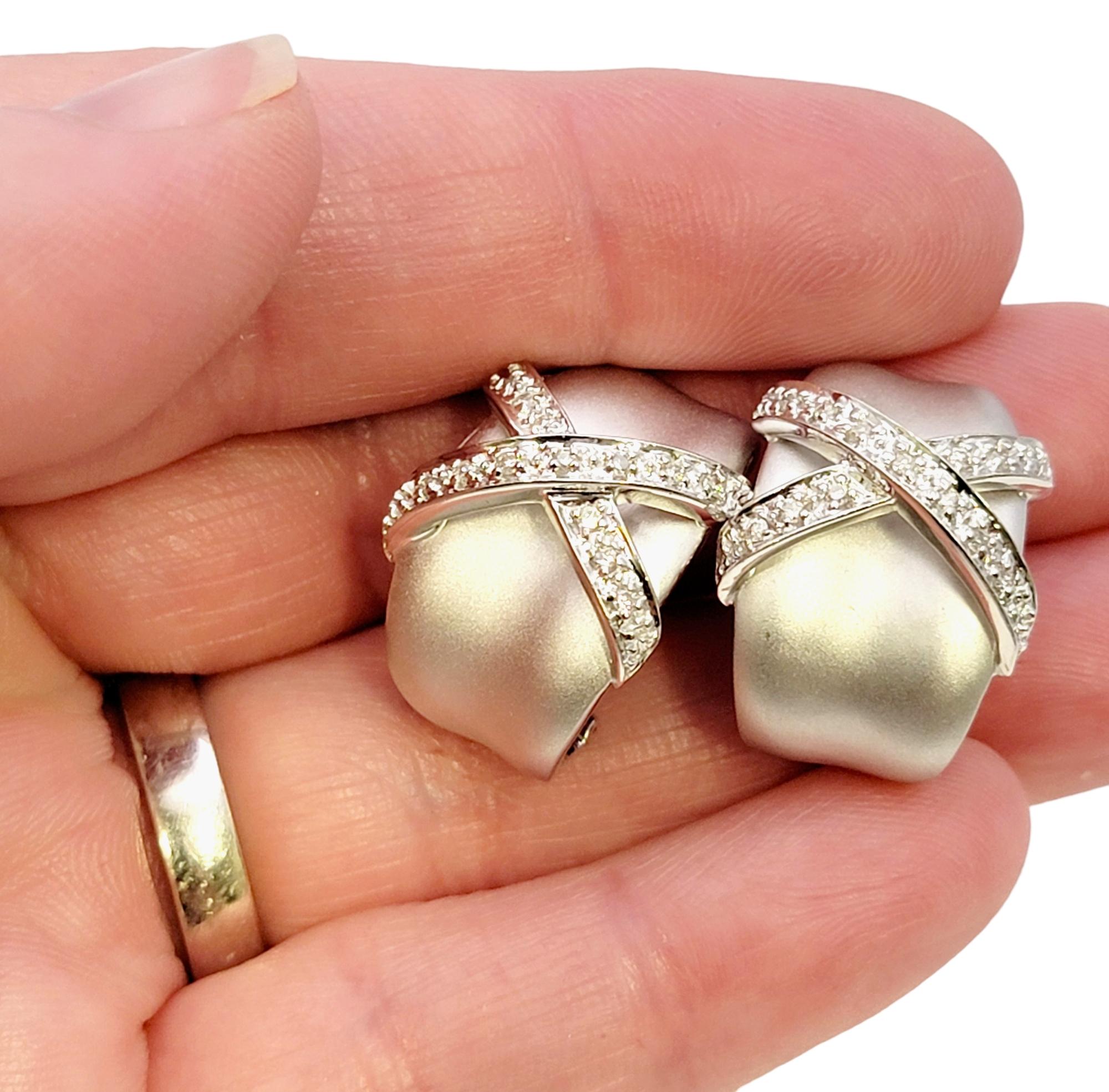 Matte 14 Karat White Gold Half Hoop Pierced Earrings with Pave Diamond X Design  For Sale 5